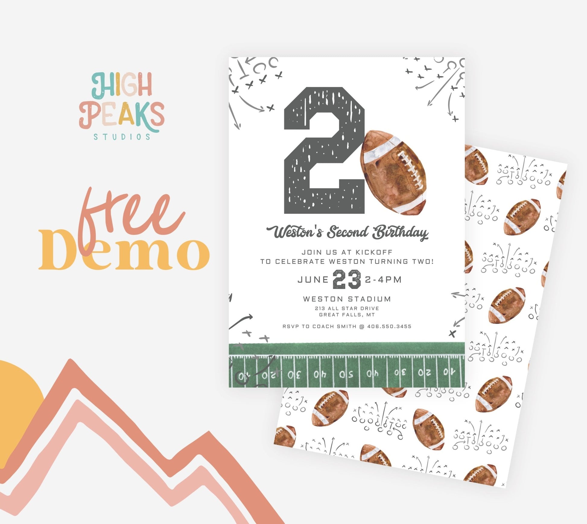 Football Second Birthday Invitation Printable - High Peaks Studios