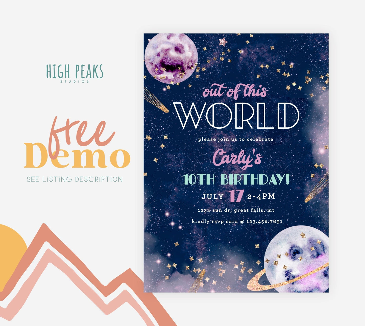 Galaxy Birthday Invitation Printable-Pink and Gold - High Peaks Studios