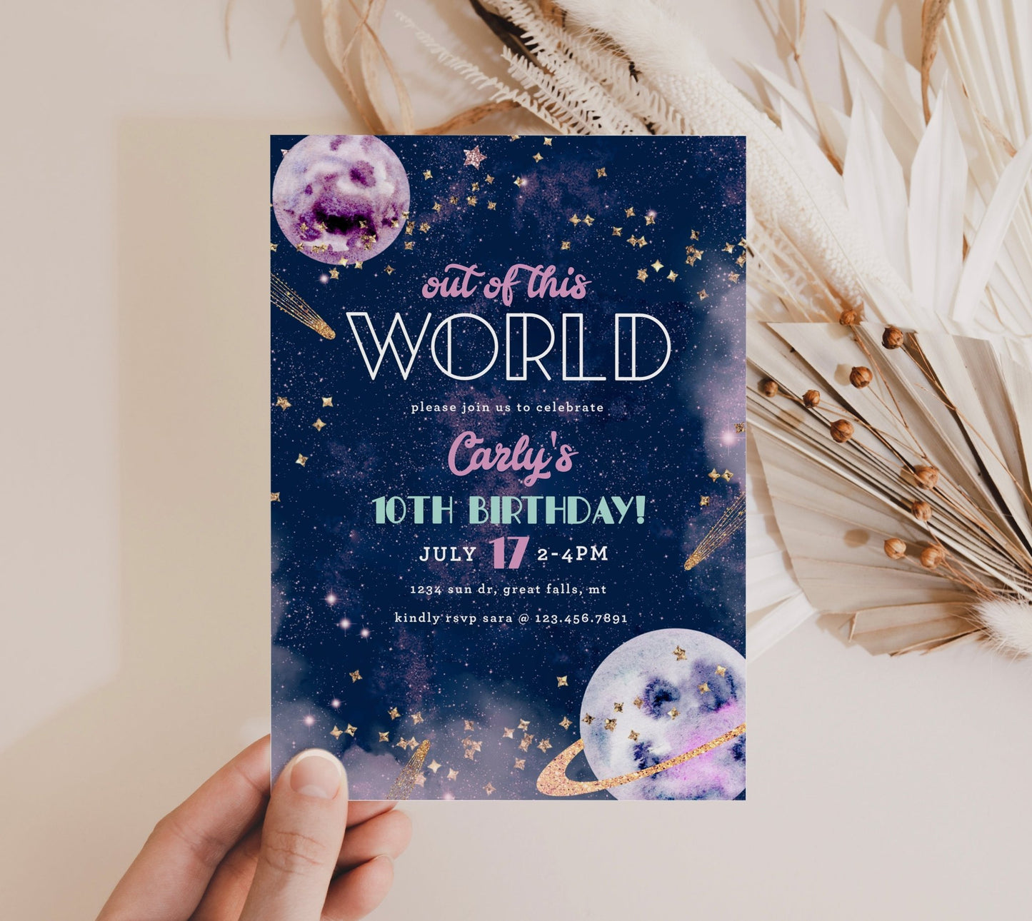 Galaxy Birthday Invitation Printable-Pink and Gold - High Peaks Studios