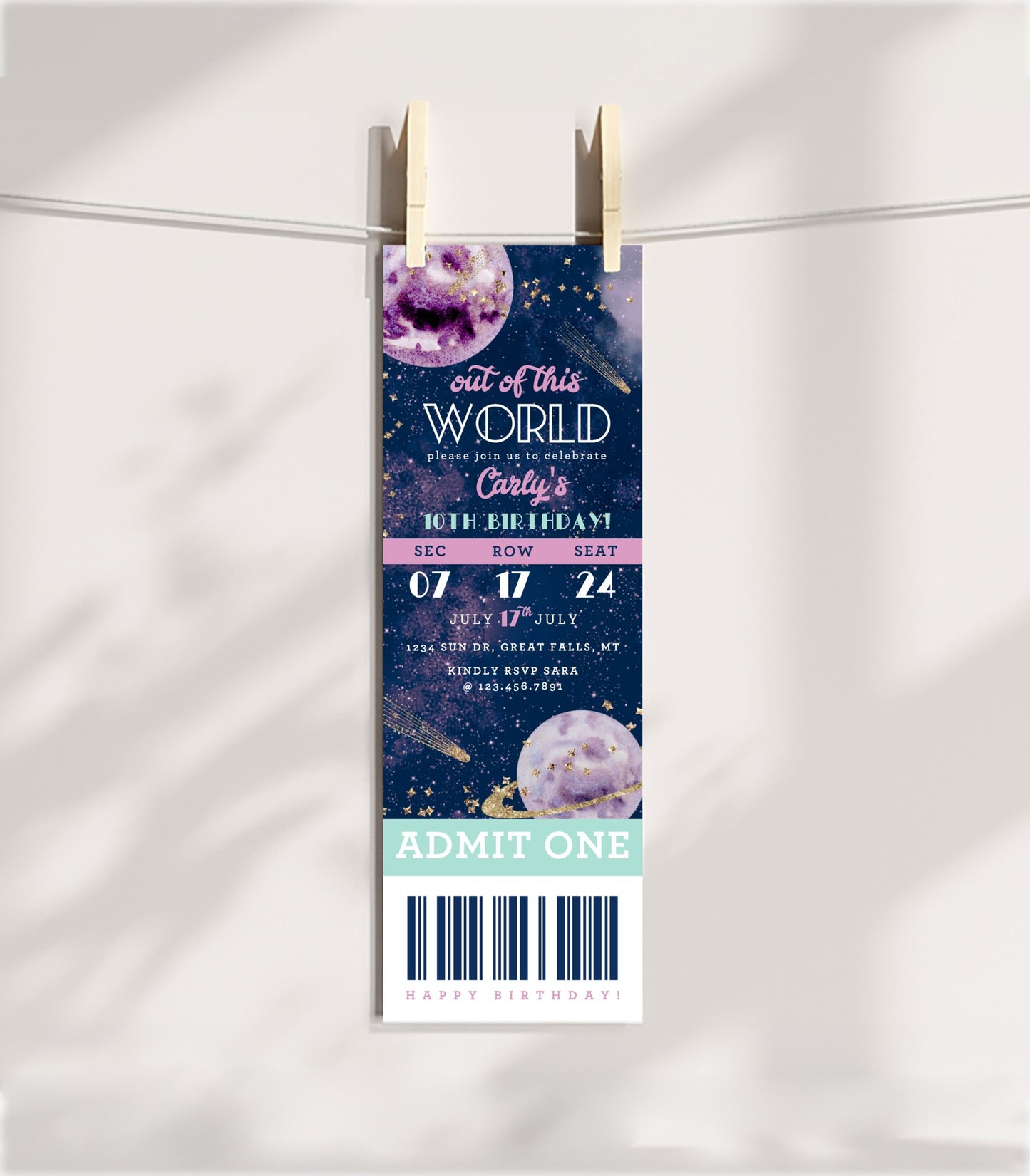 Galaxy Birthday Ticket Invitation Template - High Peaks Studios