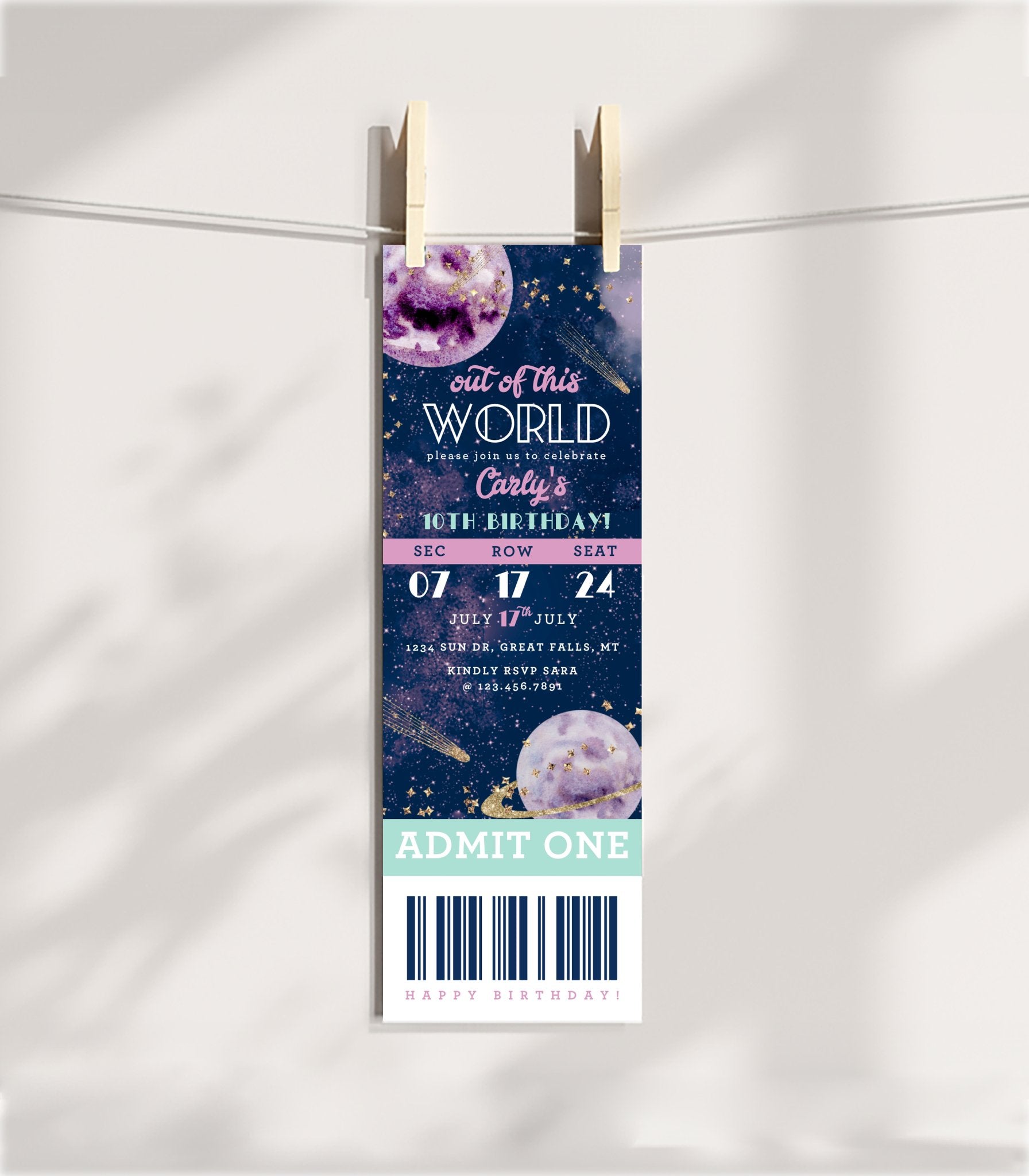 Galaxy Birthday Ticket Invitation Template - High Peaks Studios