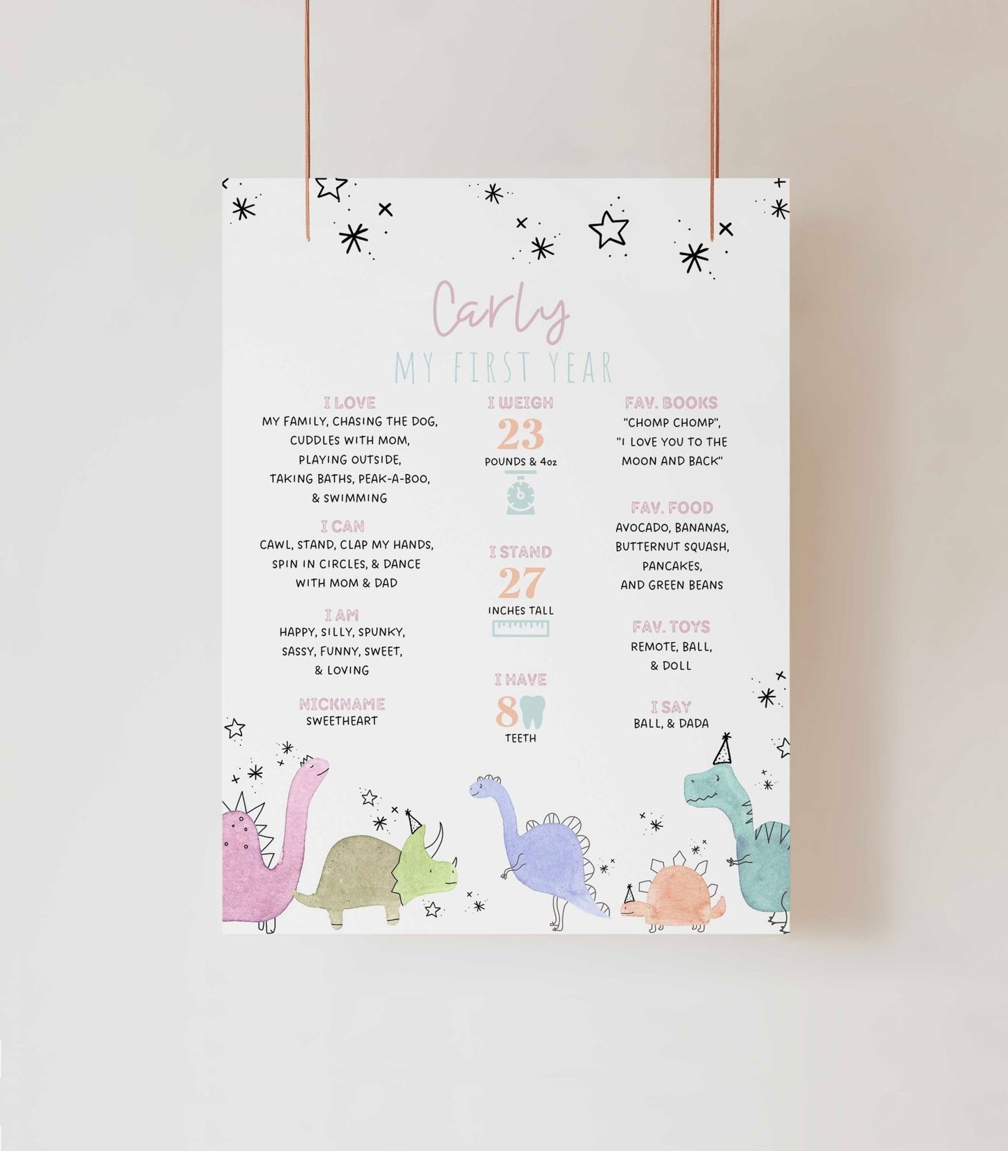 Girly Dinosaur Milestone Poster Printable - High Peaks Studios