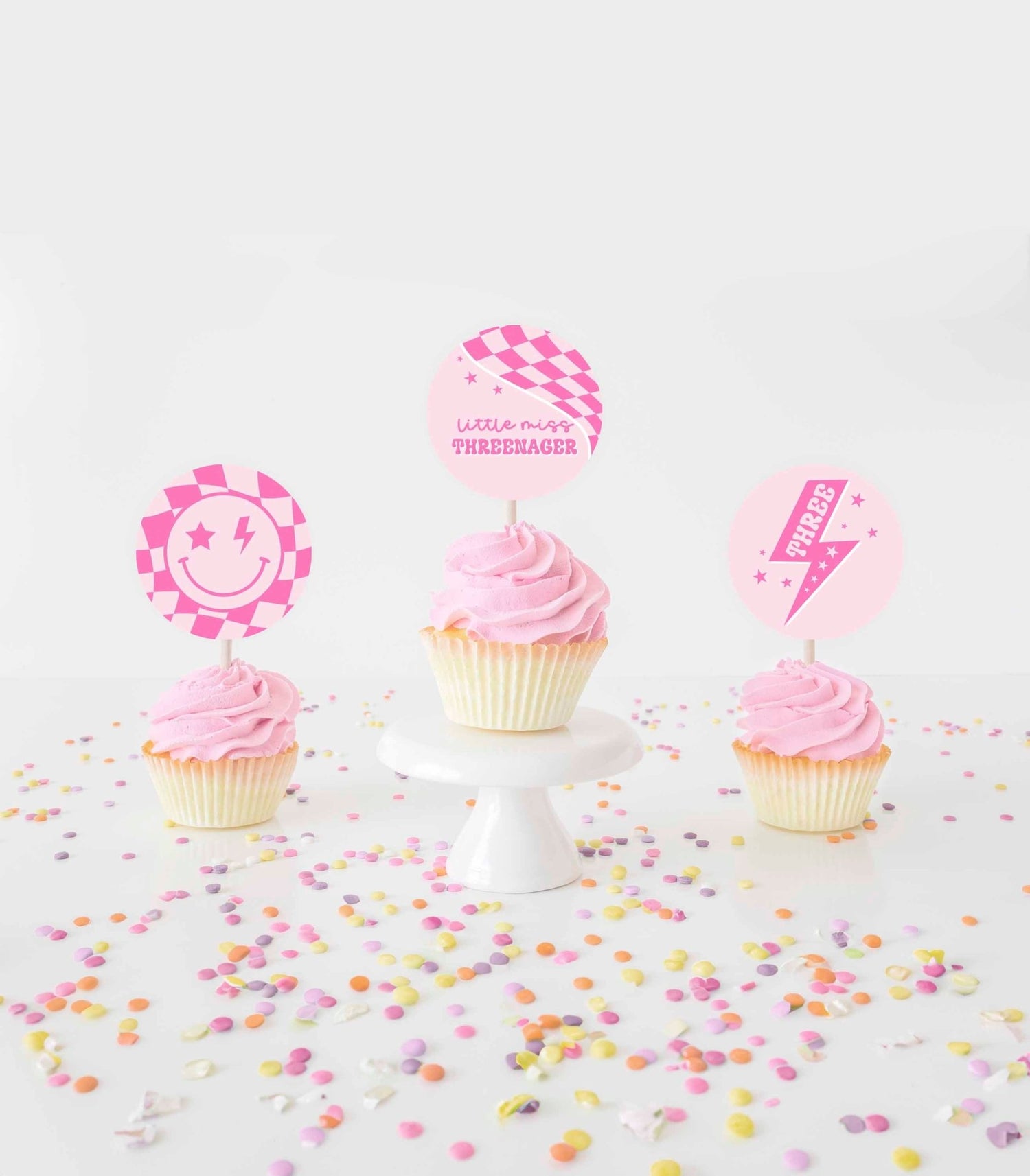 Hot Pink Smiley Third Birthday Cupcake Topper Printables - High Peaks Studios