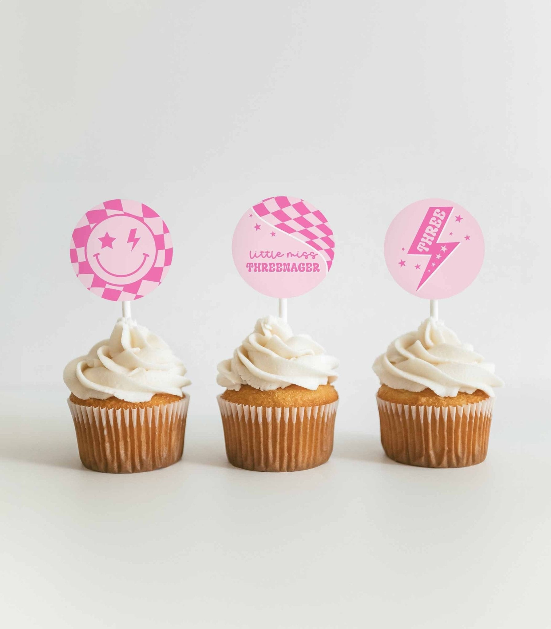 Hot Pink Smiley Third Birthday Cupcake Topper Printables - High Peaks Studios