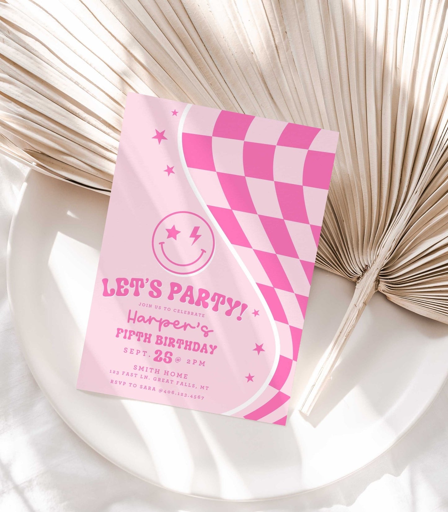 Let's Party Pink Smiley Birthday Invitation - Any Age - High Peaks Studios