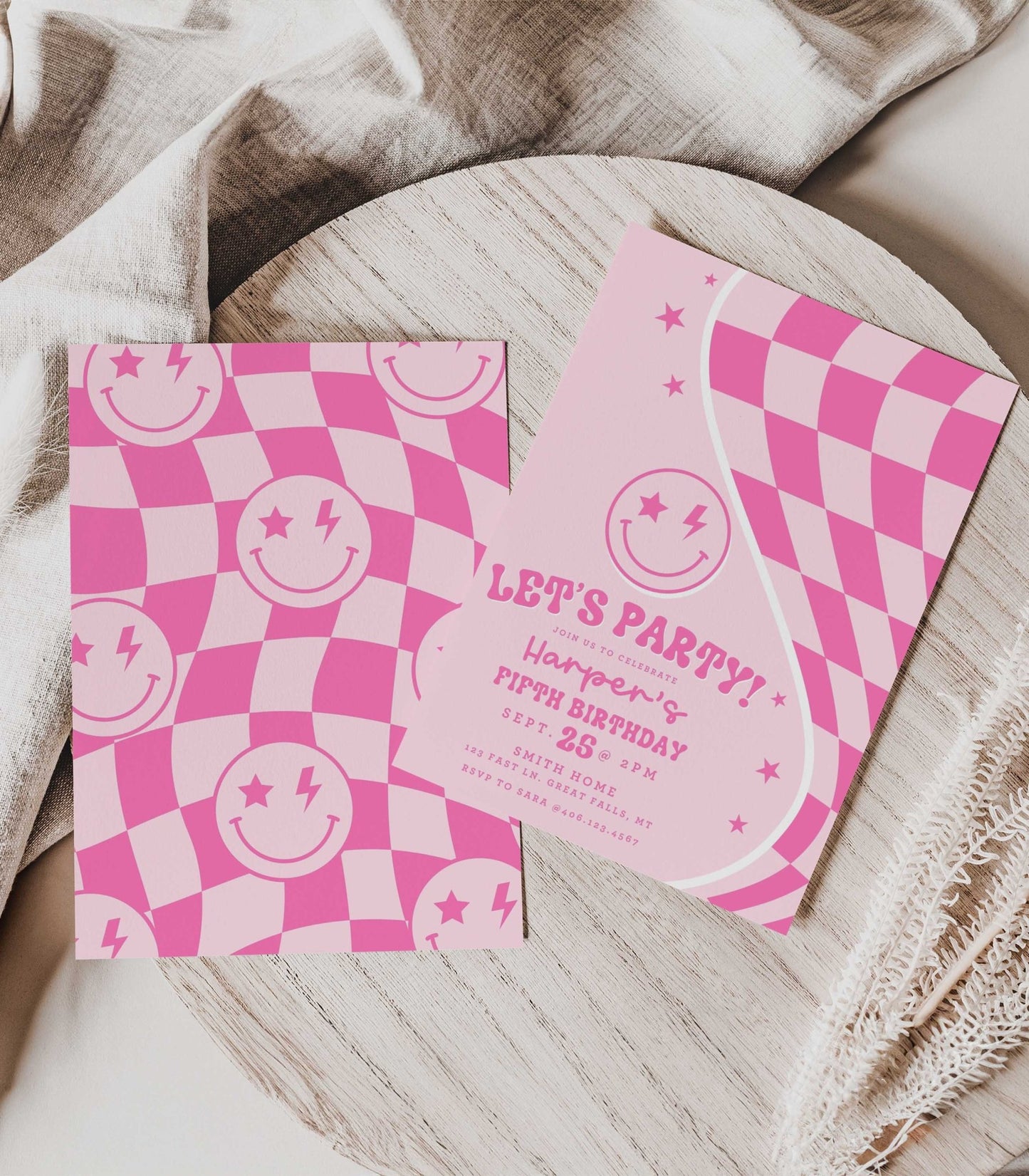 Let's Party Pink Smiley Birthday Invitation - Any Age - High Peaks Studios