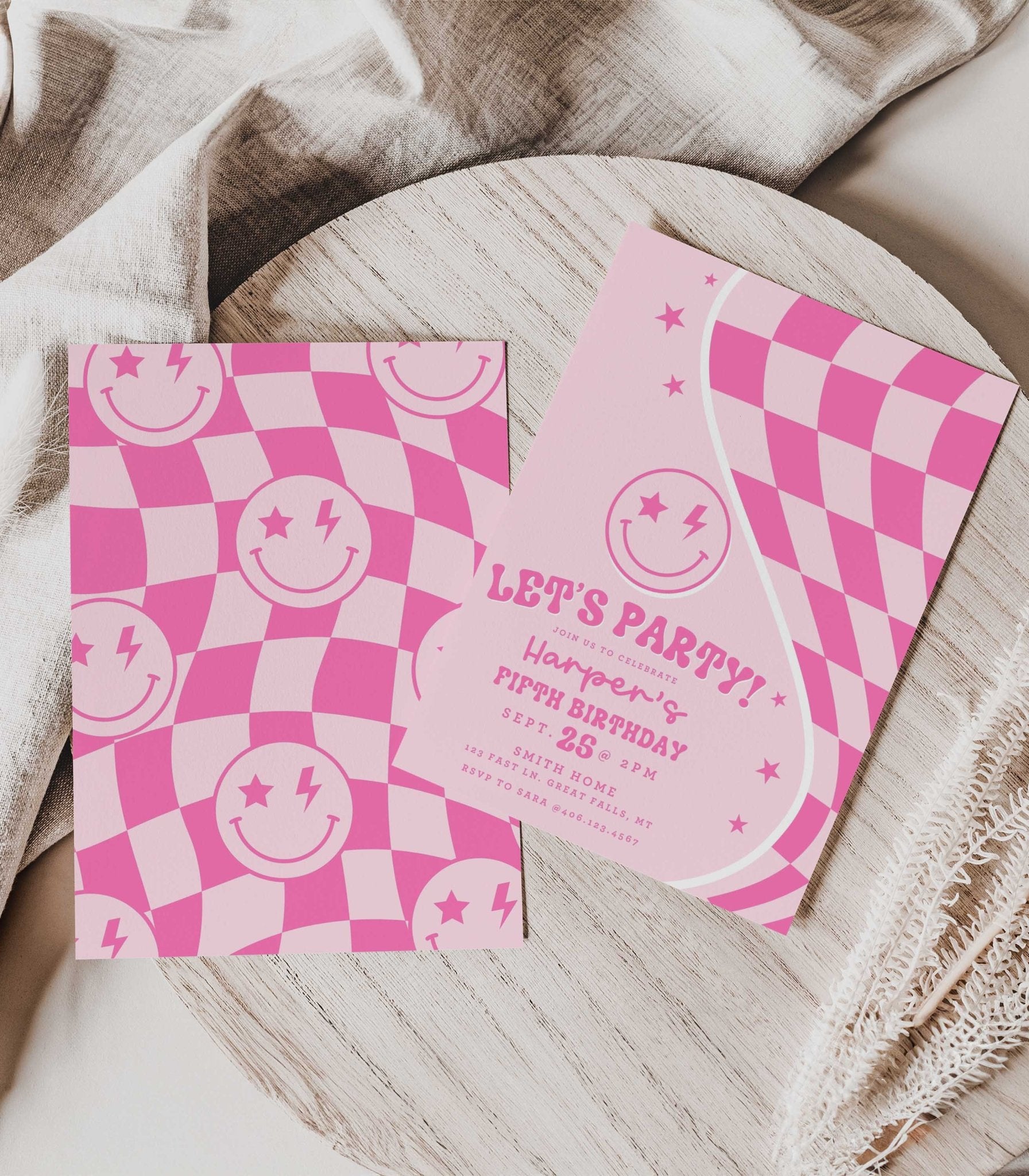 Let's Party Pink Smiley Birthday Invitation - Any Age - High Peaks Studios