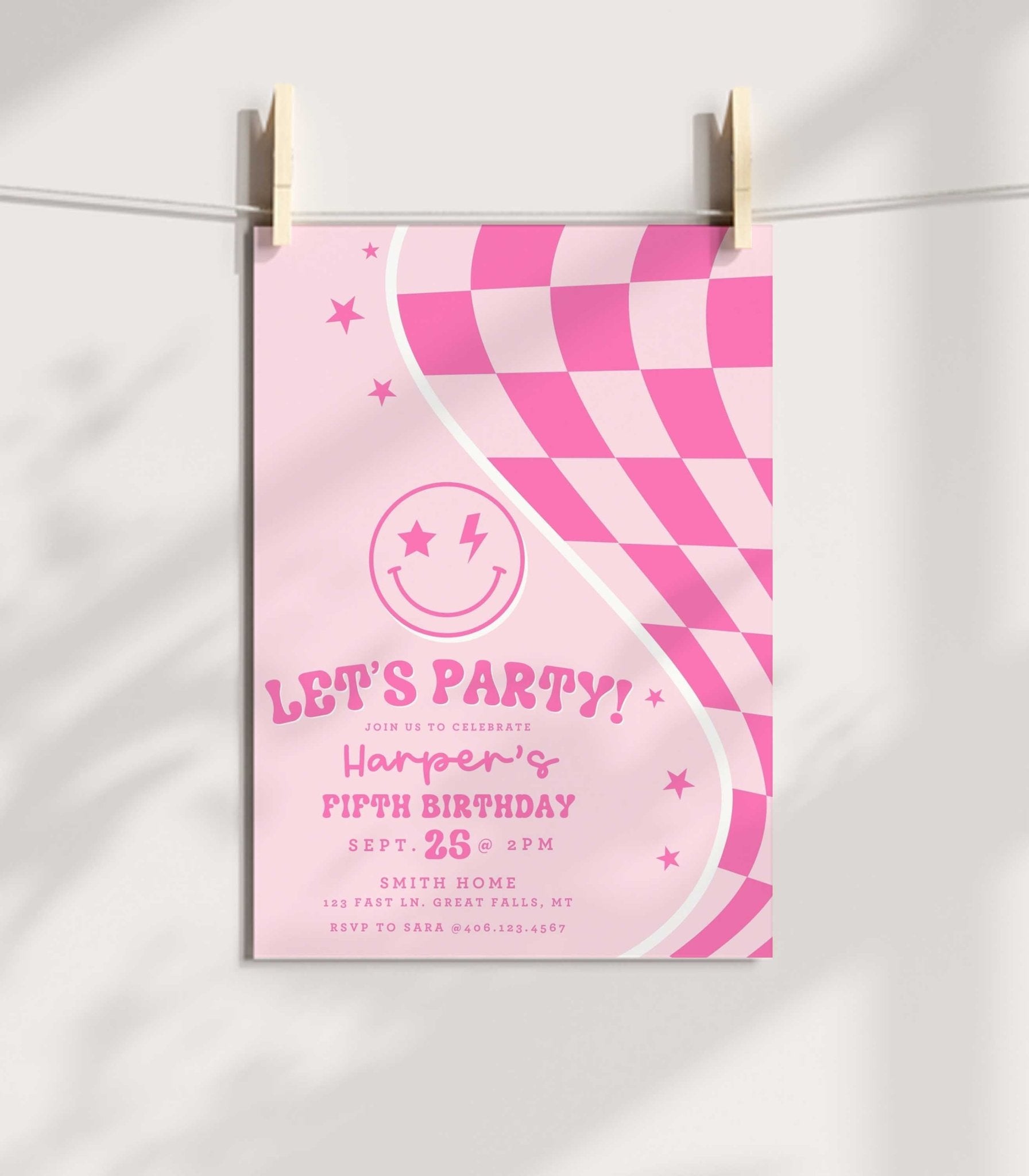 Let's Party Pink Smiley Birthday Invitation - Any Age - High Peaks Studios