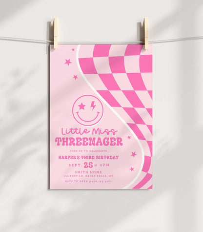 Little Miss Threenager Pink Smiley Birthday Invitation - High Peaks Studios