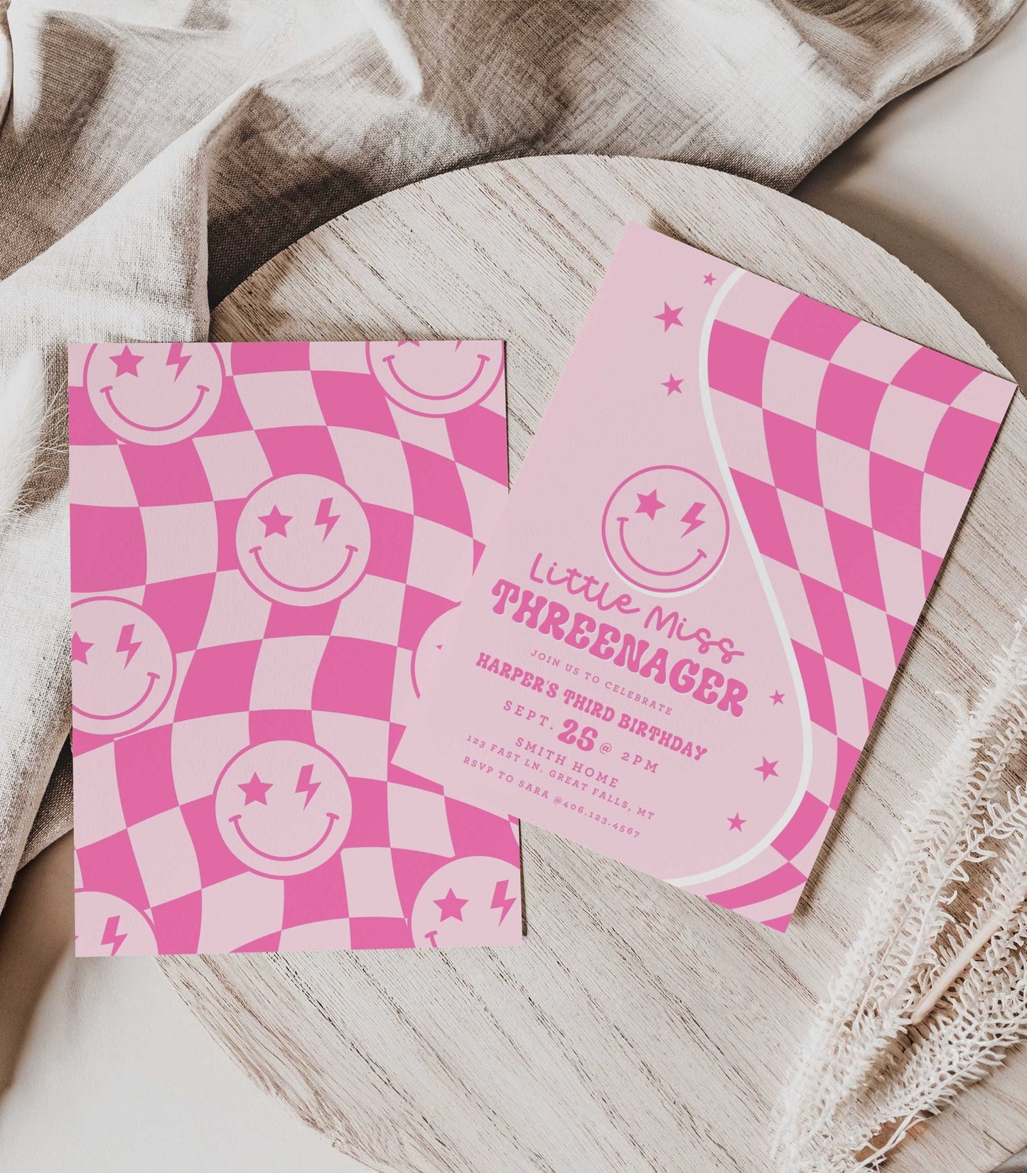 Little Miss Threenager Pink Smiley Birthday Invitation - High Peaks Studios