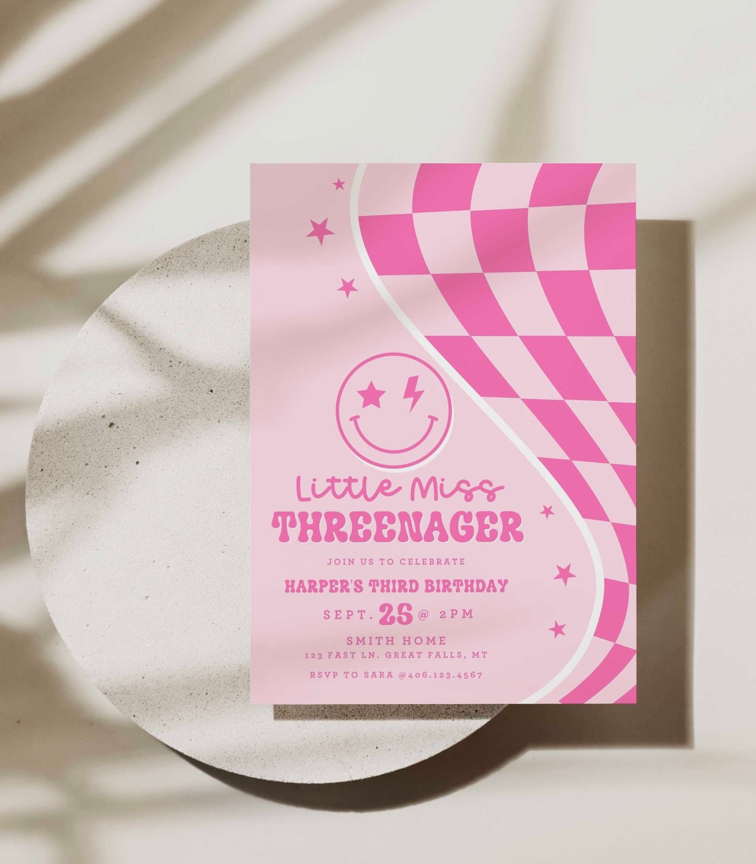 Little Miss Threenager Pink Smiley Birthday Invitation - High Peaks Studios