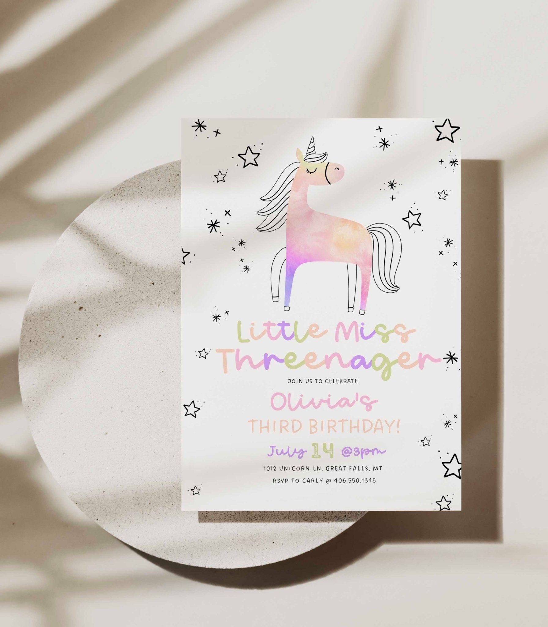 Little Miss Threenager Unicorn Birthday Invitation Printable - High Peaks Studios