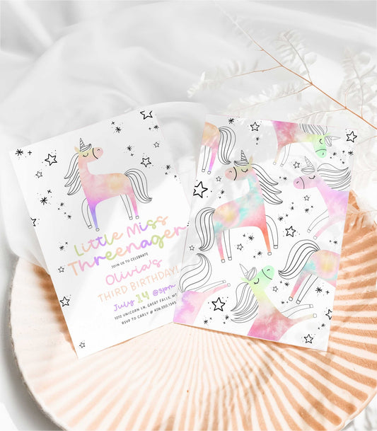 Little Miss Threenager Unicorn Birthday Invitation Printable - High Peaks Studios