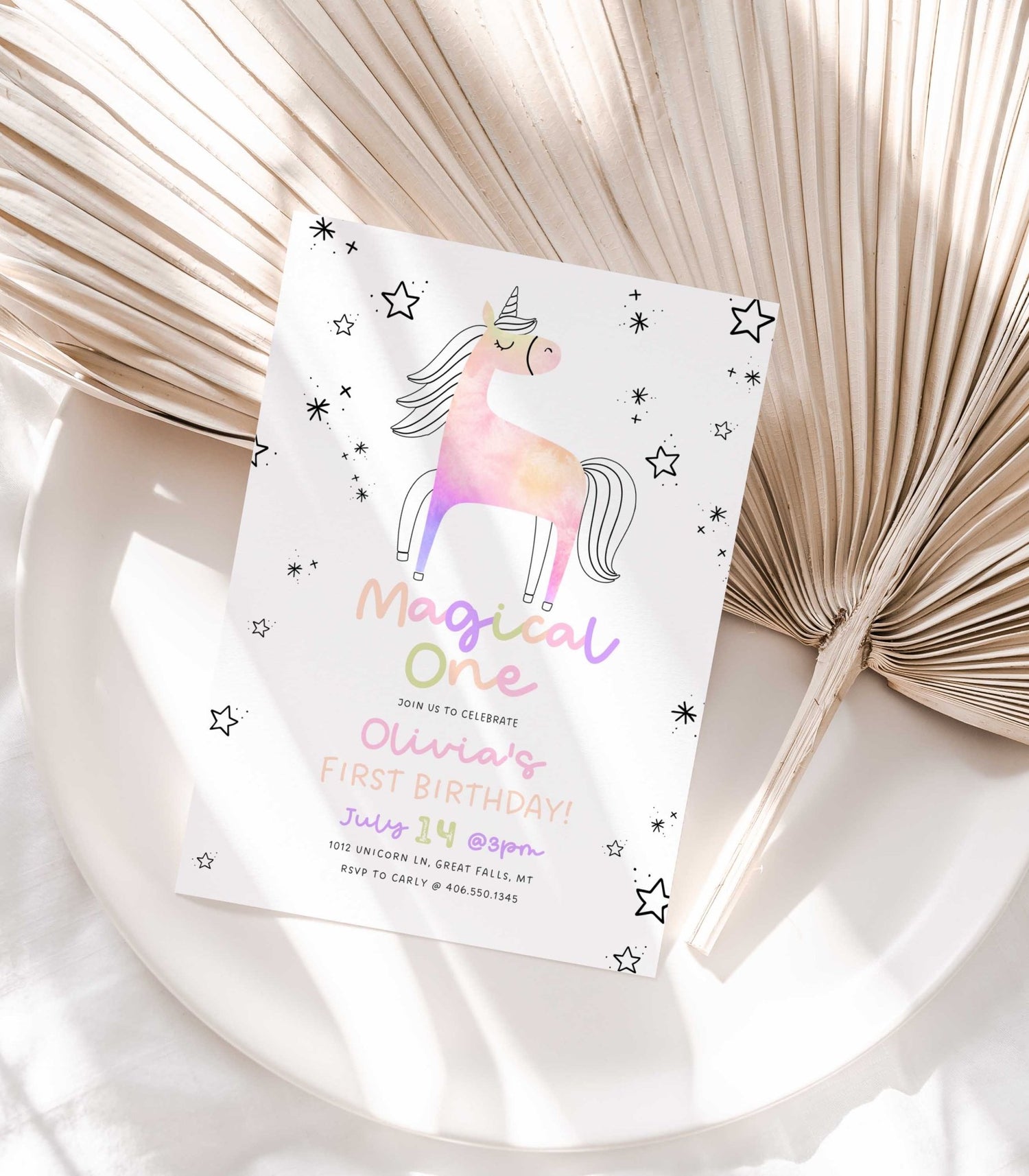 Magical One Unicorn Birthday Invitation Printable - High Peaks Studios