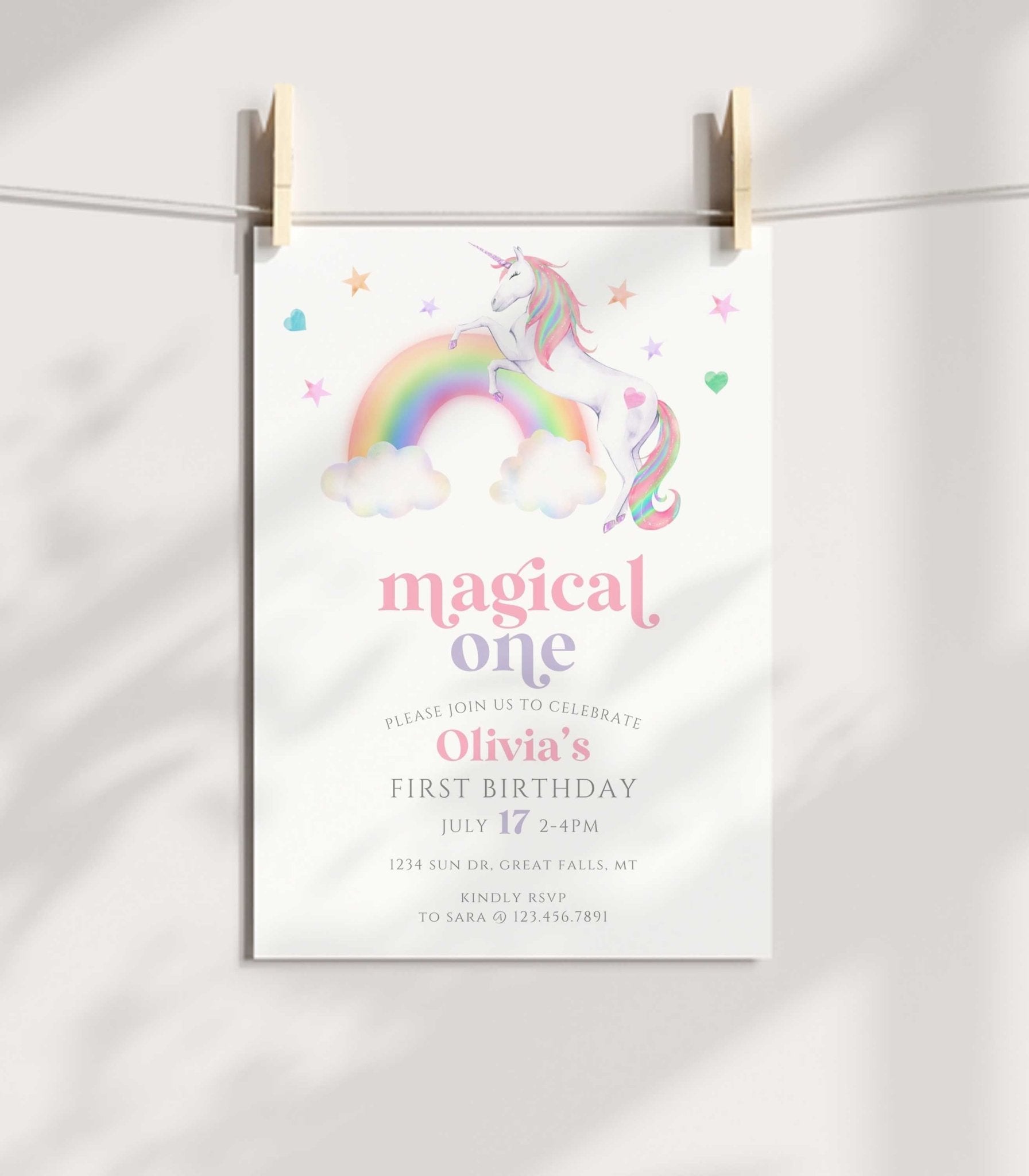 Magical One Unicorn Birthday Invitation Template - High Peaks Studios