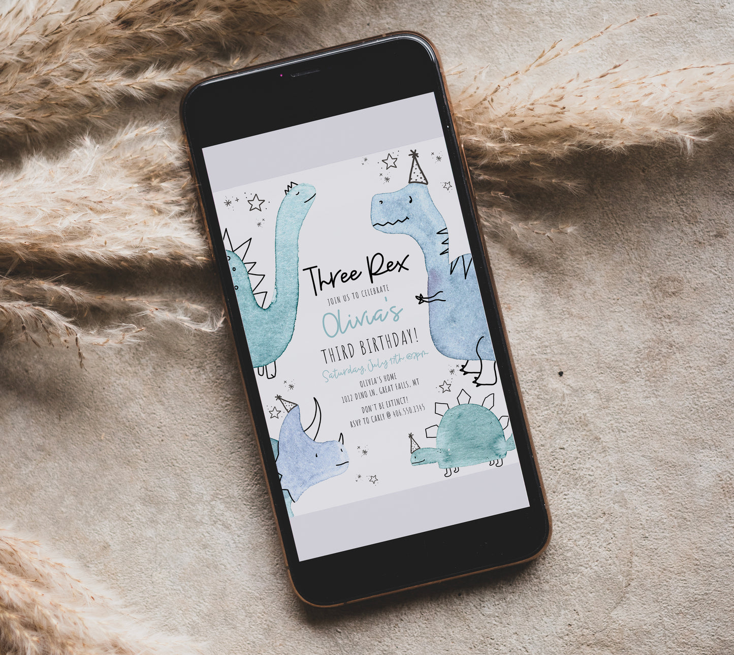 Three Rex Dinosaur Birthday Invitation - Blue & Teal - High Peaks Studios