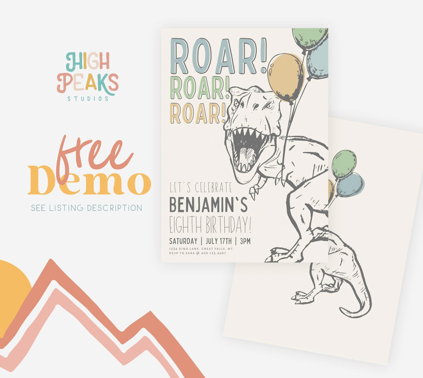 Modern T-Rex Dinosaur Birthday Party Invitation - ANY AGE! - High Peaks Studios