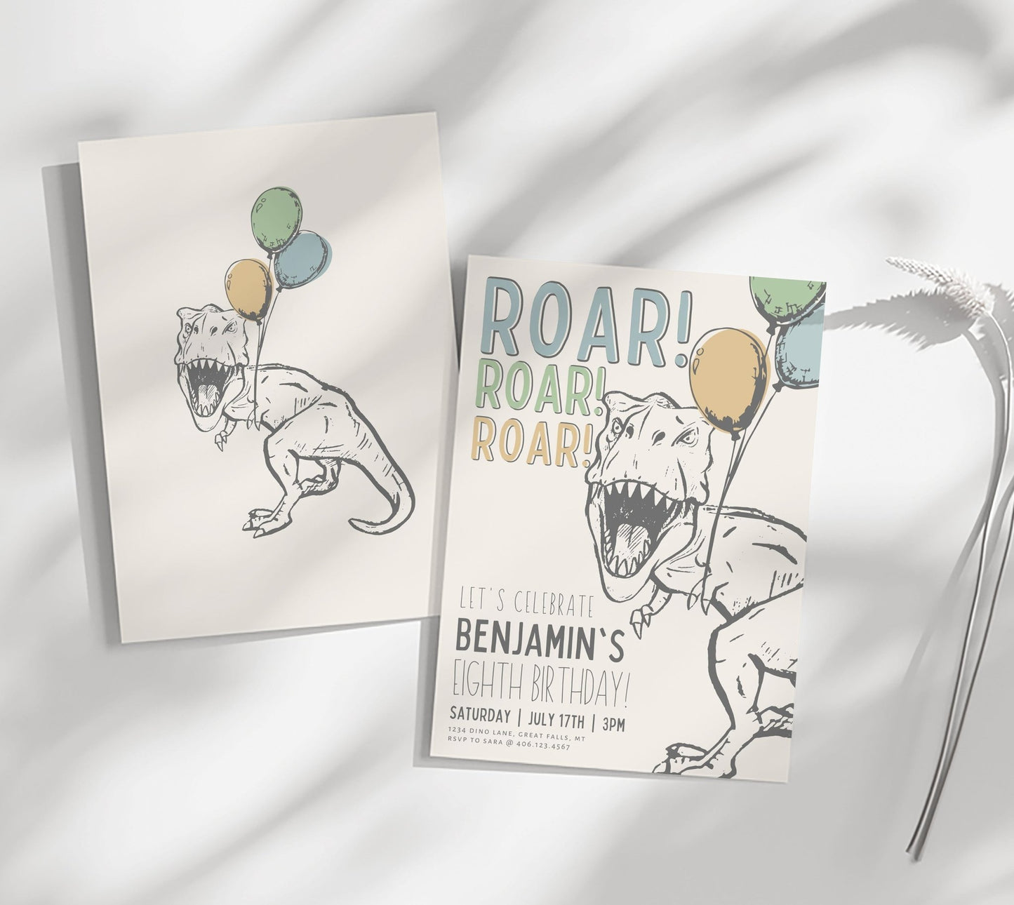 Modern T-Rex Dinosaur Birthday Party Invitation - ANY AGE! - High Peaks Studios