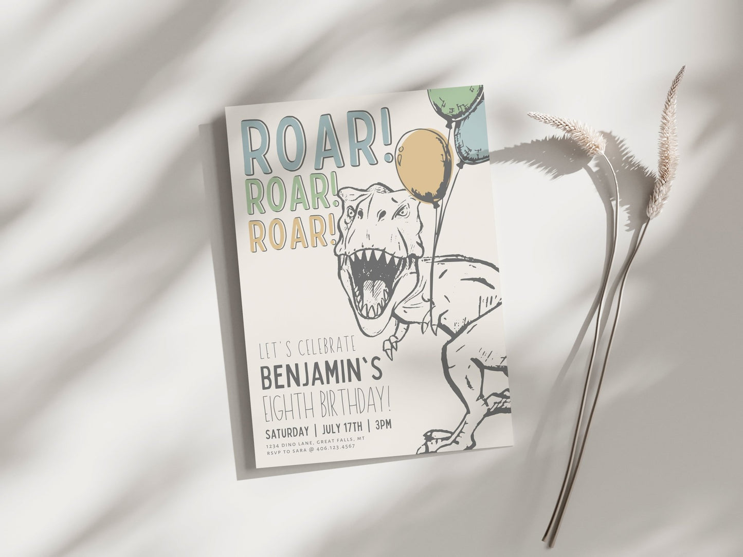 Modern T-Rex Dinosaur Birthday Party Invitation - ANY AGE! - High Peaks Studios