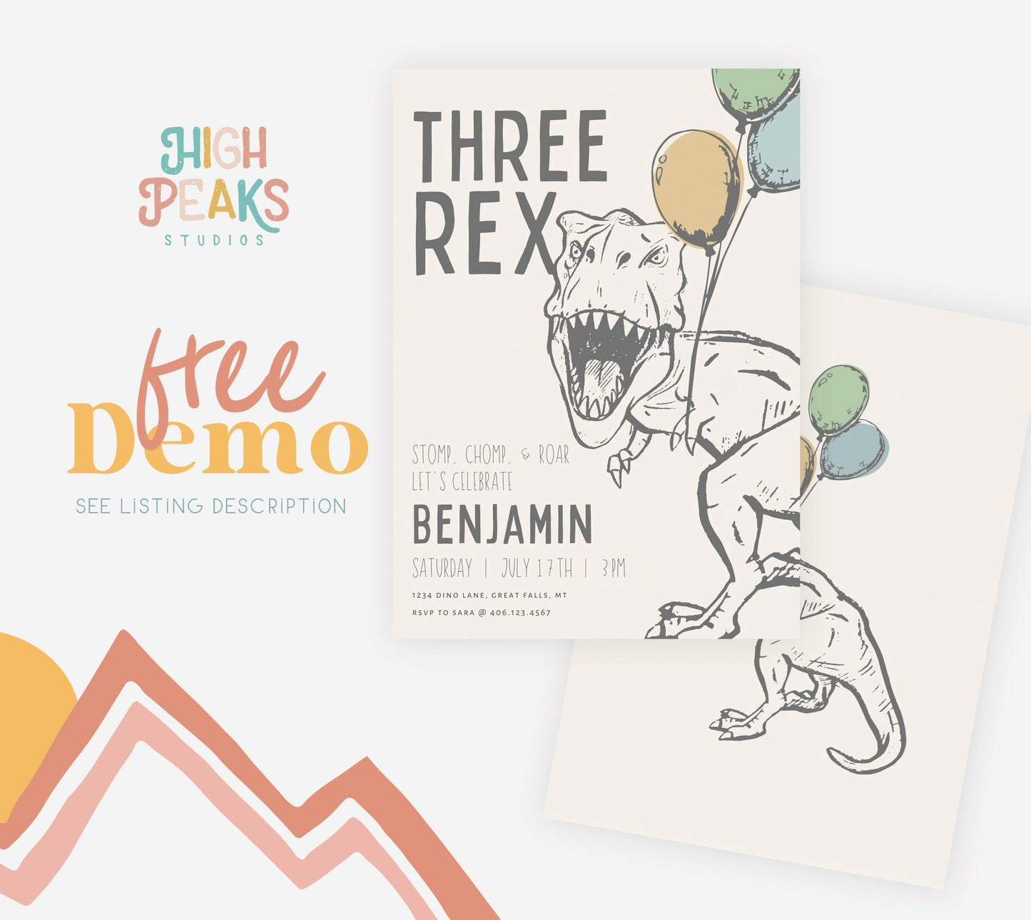 Modern Three Rex Dinosaur Birthday Party Invitation - High Peaks Studios