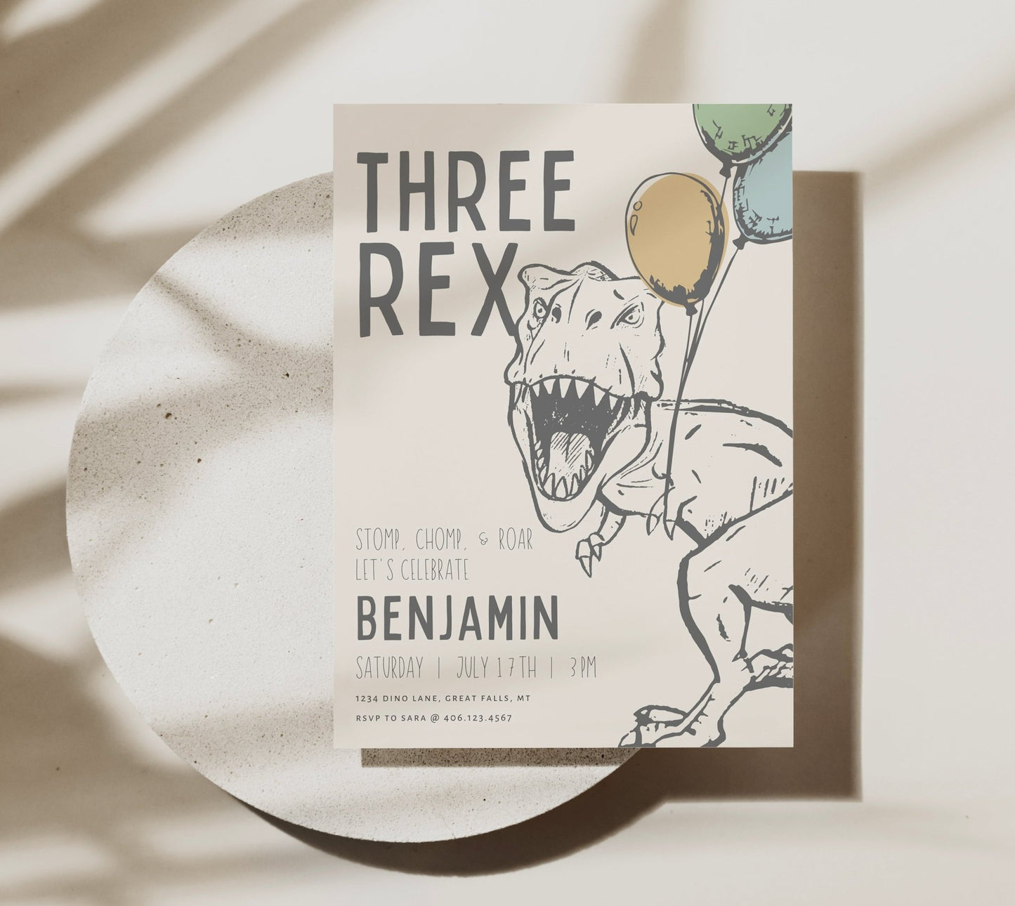 Modern Three Rex Dinosaur Birthday Party Invitation - High Peaks Studios