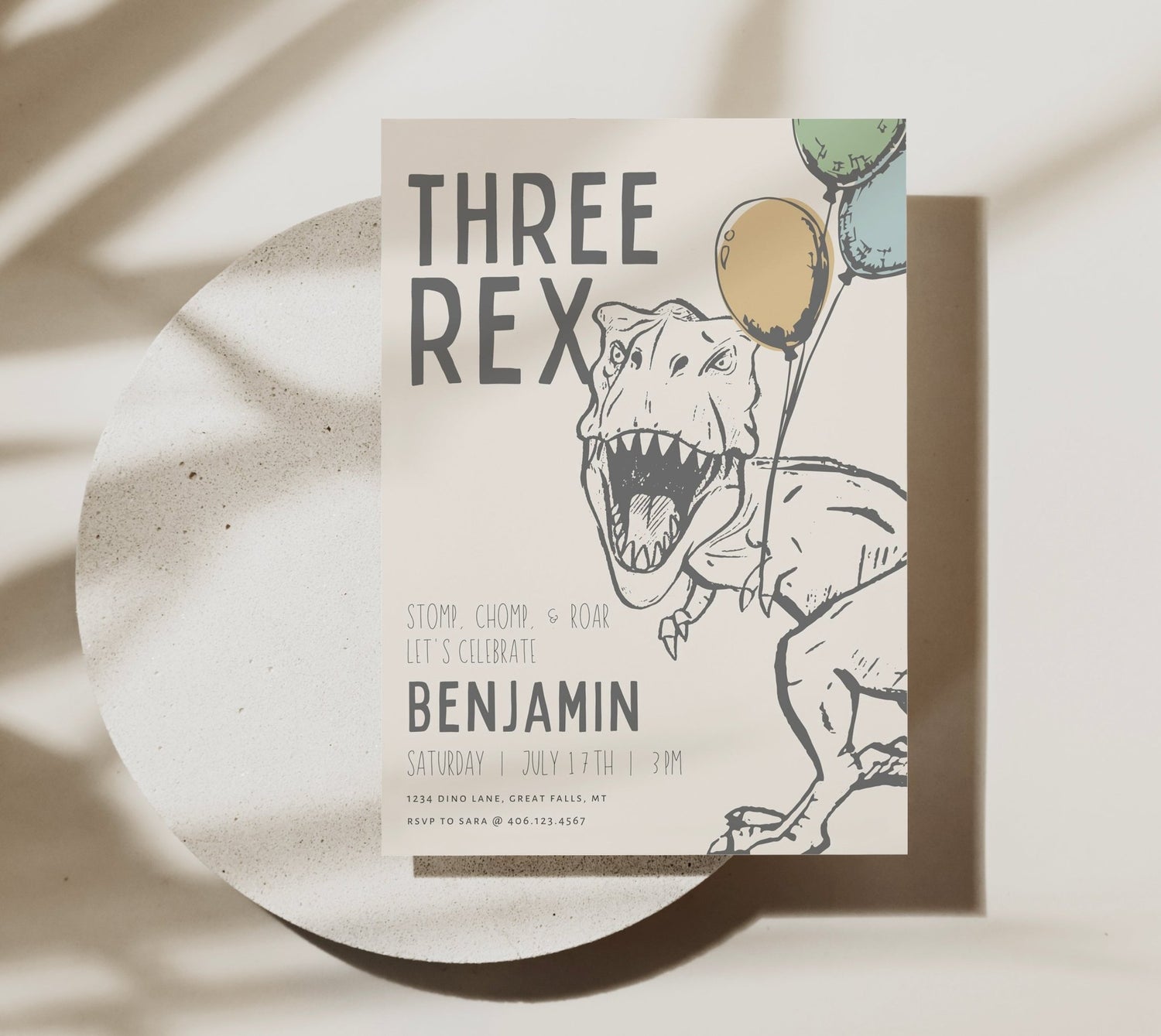 Modern Three Rex Dinosaur Birthday Party Invitation - High Peaks Studios