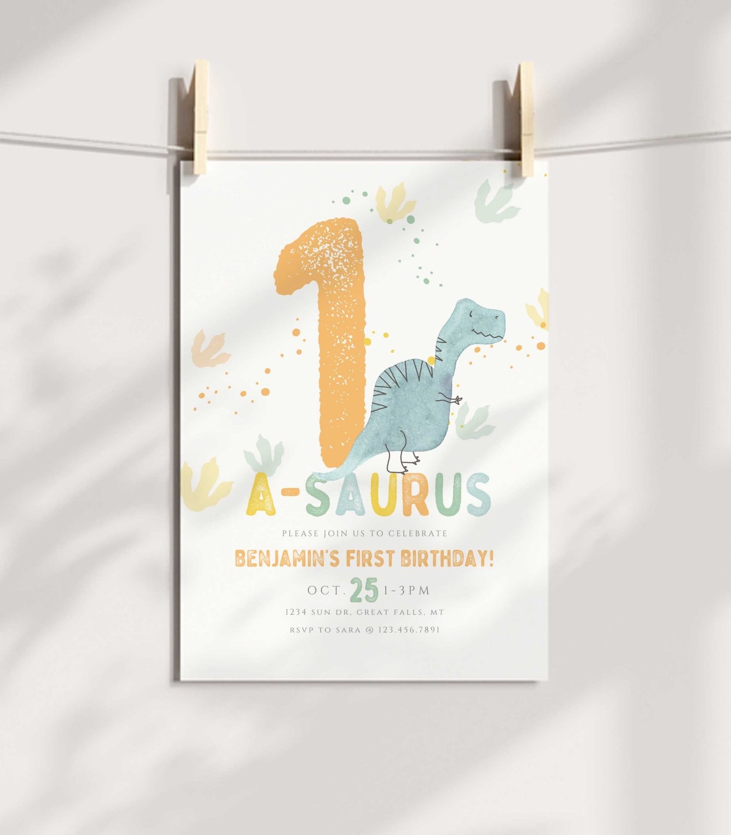 One-a-saurus Dinosaur Birthday Invitation Boy Printable - High Peaks Studios