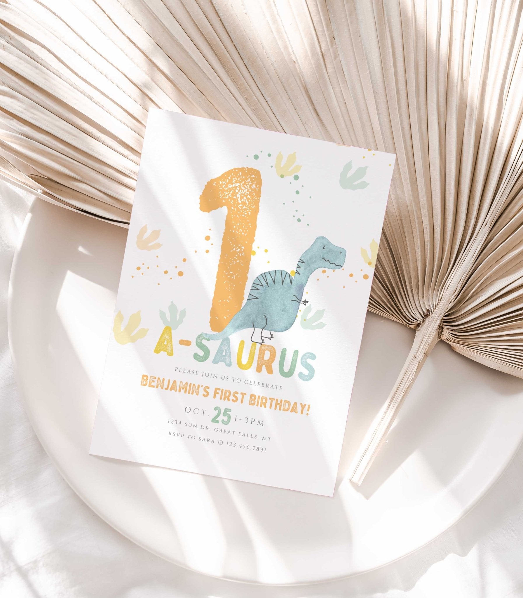 One-a-saurus Dinosaur Birthday Invitation Boy Printable - High Peaks Studios