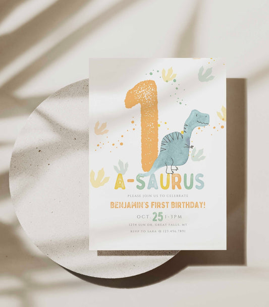 One-a-saurus Dinosaur Birthday Invitation Boy Printable - High Peaks Studios