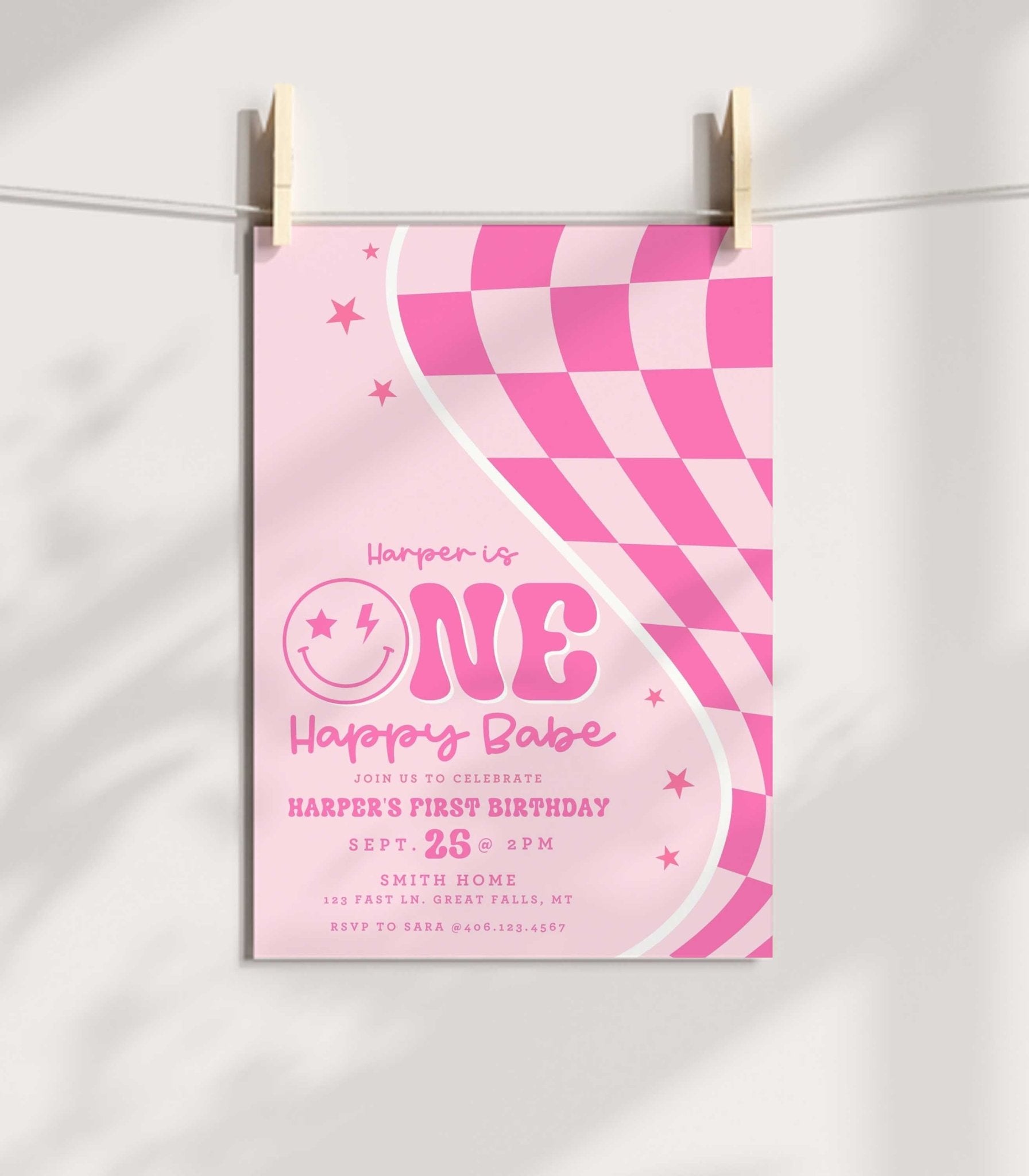 One Happy Babe Pink Smiley Birthday Invitation Printable - High Peaks Studios