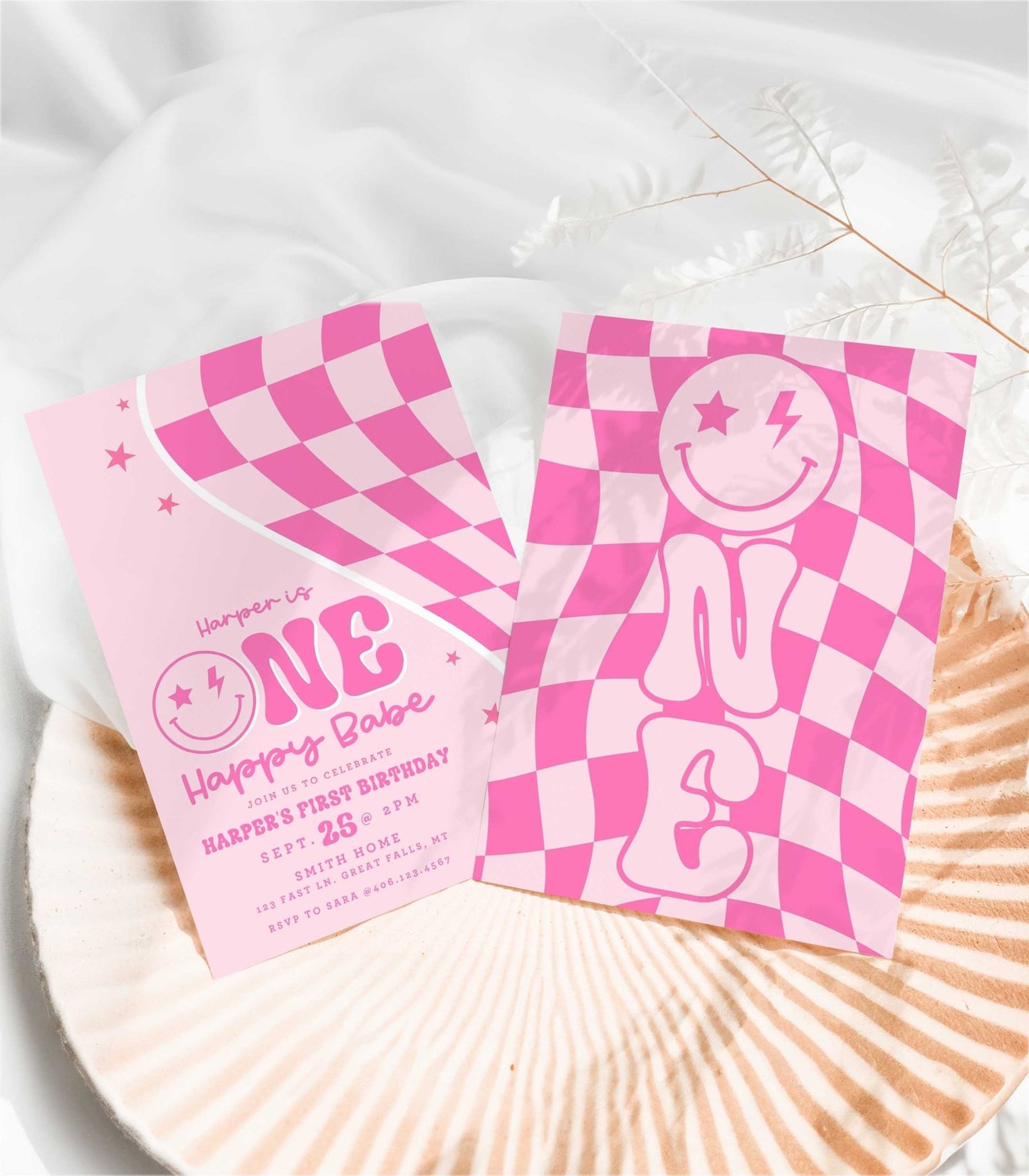 One Happy Babe Pink Smiley Birthday Invitation Printable - High Peaks Studios