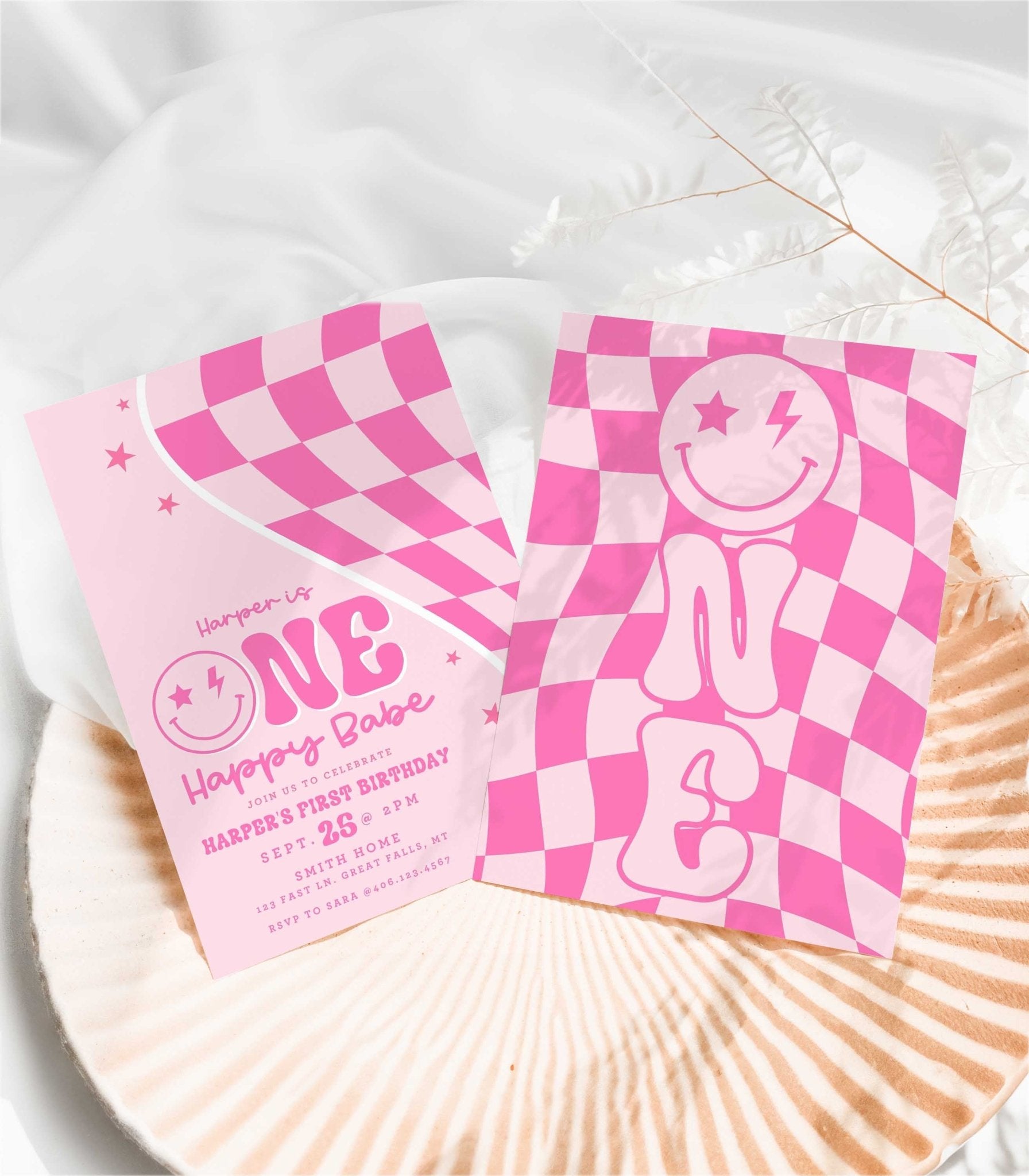 One Happy Babe Pink Smiley Birthday Invitation Printable - High Peaks Studios