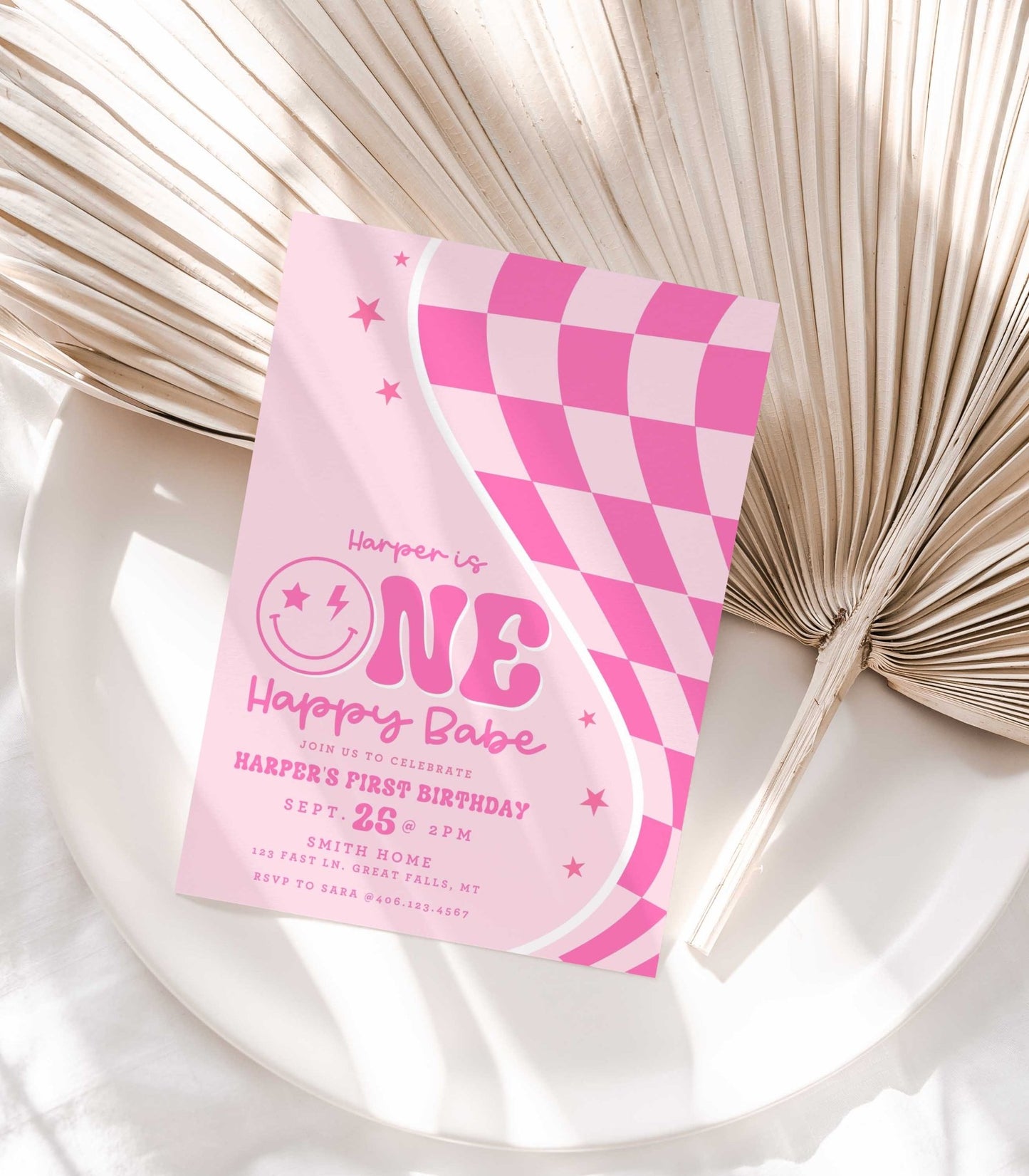 One Happy Babe Pink Smiley Birthday Invitation Printable - High Peaks Studios