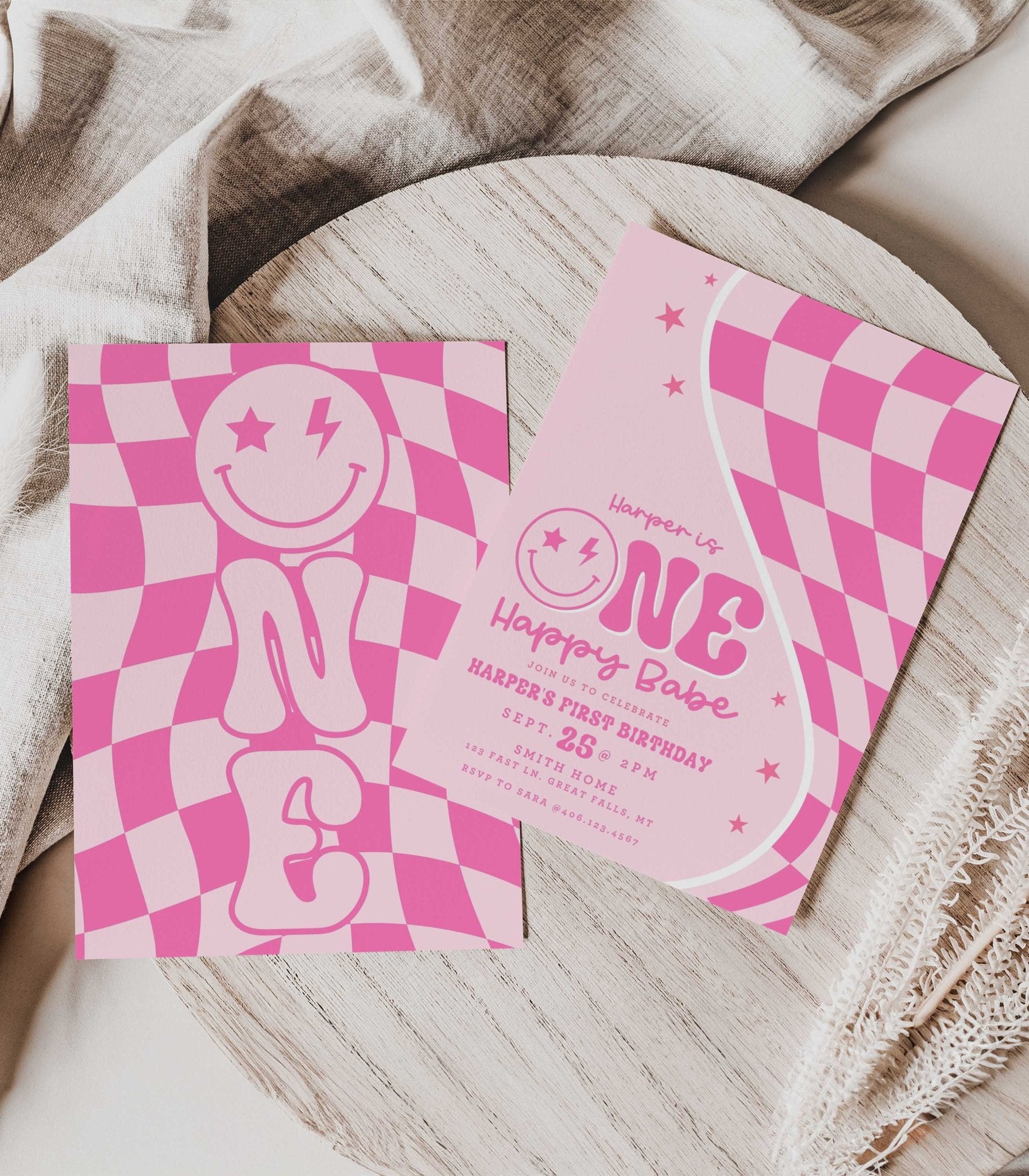 One Happy Babe Pink Smiley Birthday Invitation Printable - High Peaks Studios