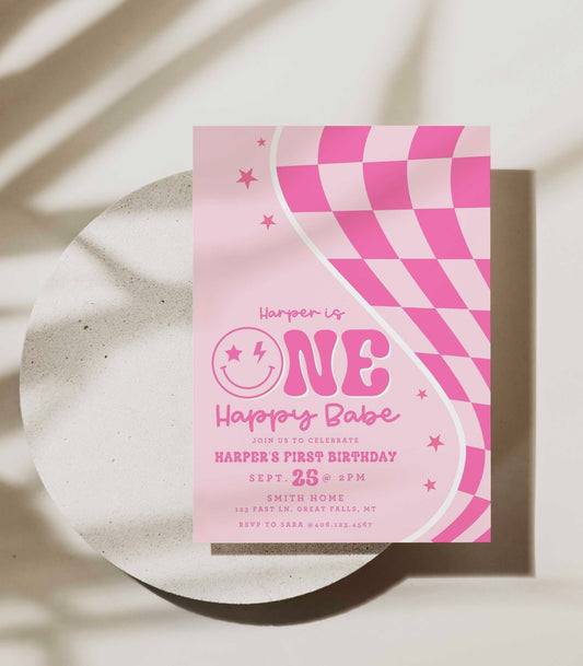 One Happy Babe Pink Smiley Birthday Invitation Printable - High Peaks Studios