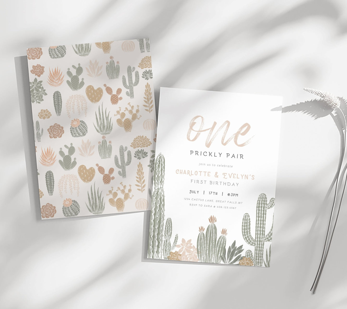 One Prickly Pair Twins Birthday Invitation Printable - High Peaks Studios