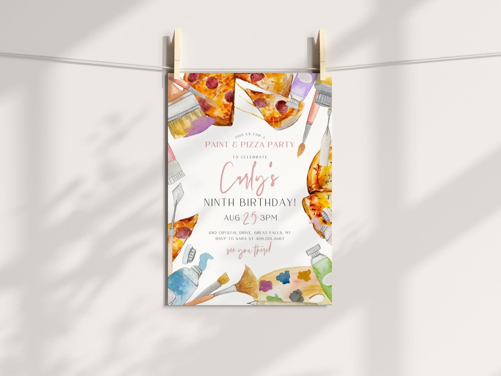 Painting Art And Pizza Birthday Invitation Printable - High Peaks Studios