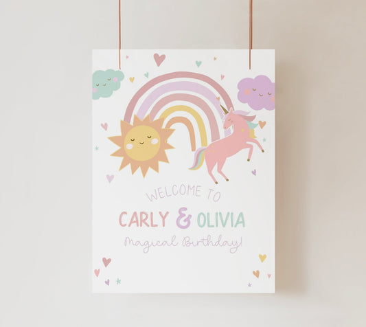 Pastel Unicorn and Sun Joint Birthday Welcome Sign Printable Template - Great for Any Age! - High Peaks Studios