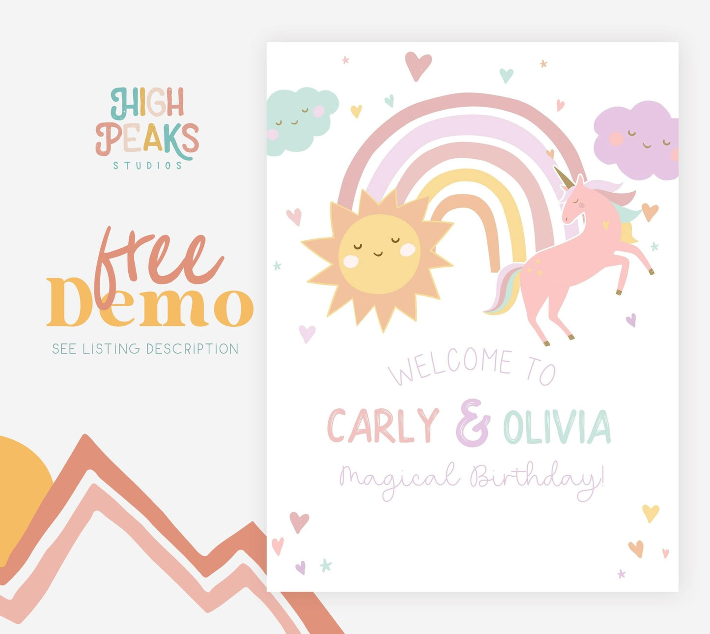 Pastel Unicorn and Sun Joint Birthday Welcome Sign Printable Template - Great for Any Age! - High Peaks Studios