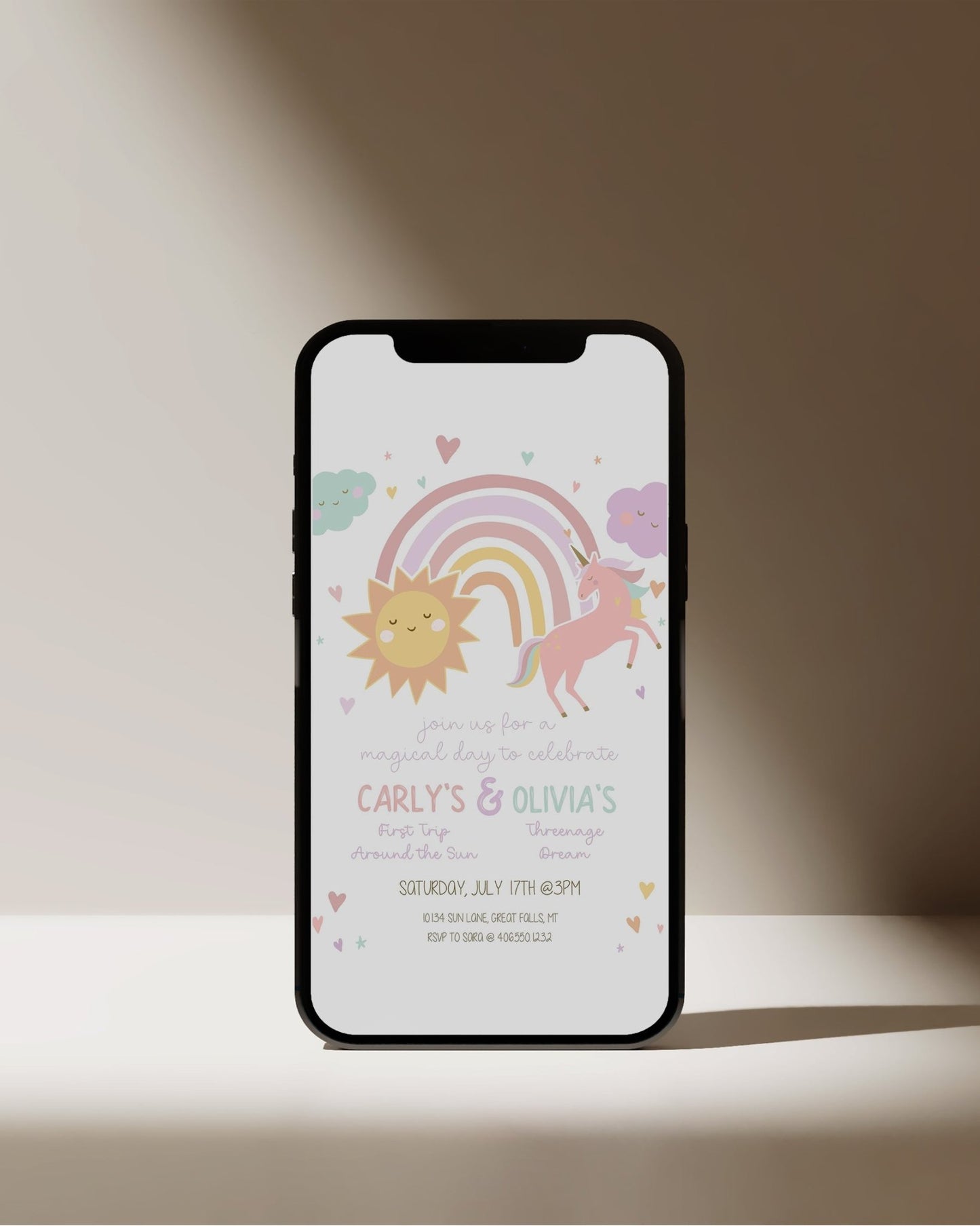 Pastel Unicorn and Sunshine Joint Birthday Invitation Printable Template - High Peaks Studios