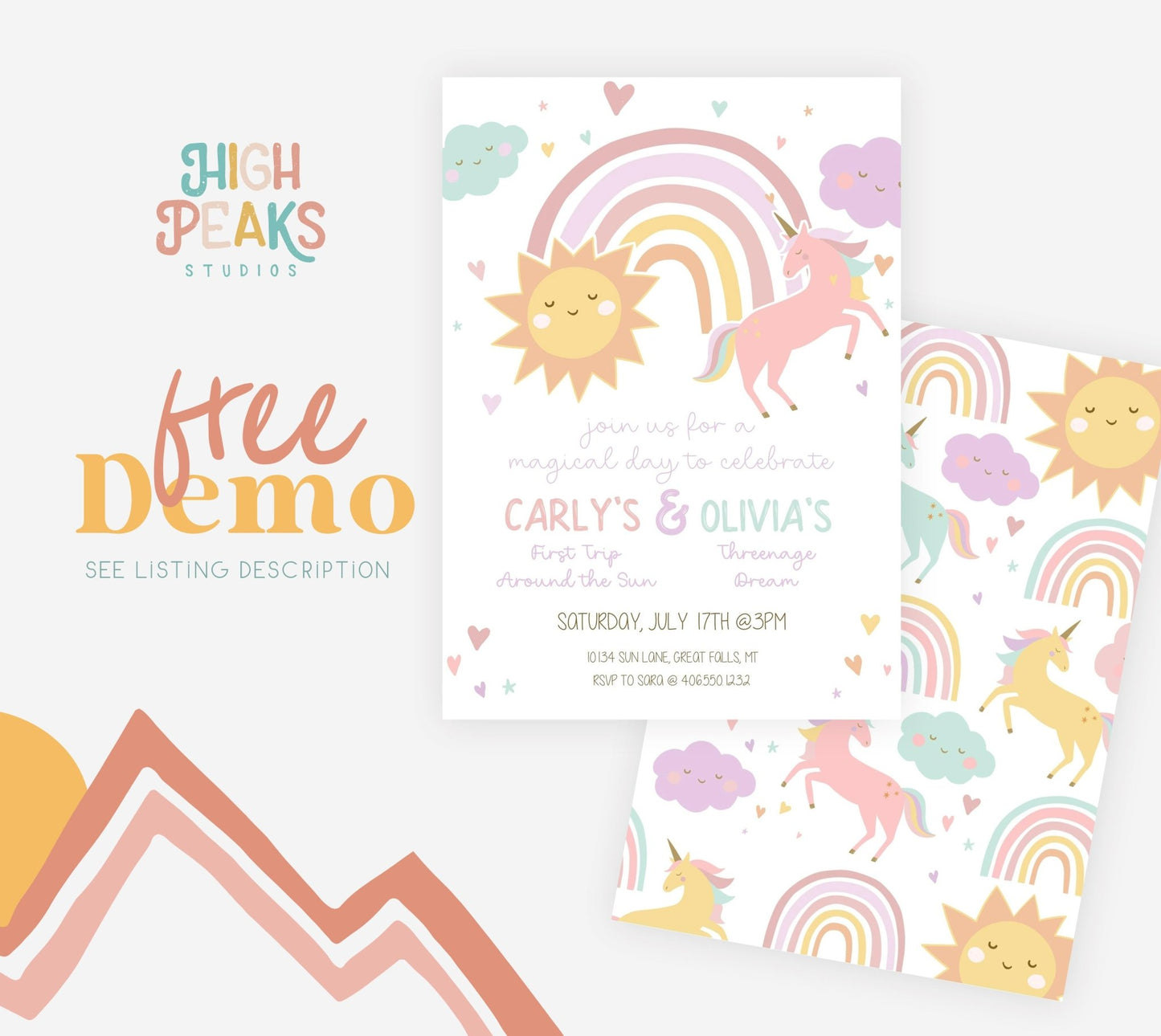 Pastel Unicorn and Sunshine Joint Birthday Invitation Printable Template - High Peaks Studios
