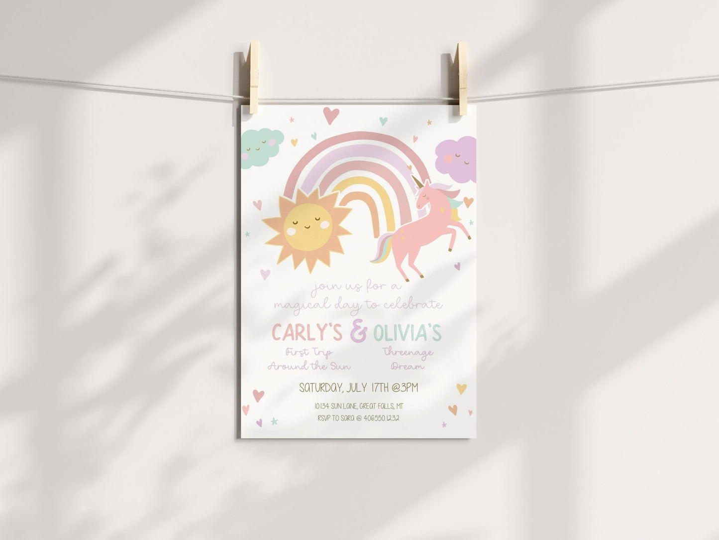 Pastel Unicorn and Sunshine Joint Birthday Invitation Printable Template - High Peaks Studios
