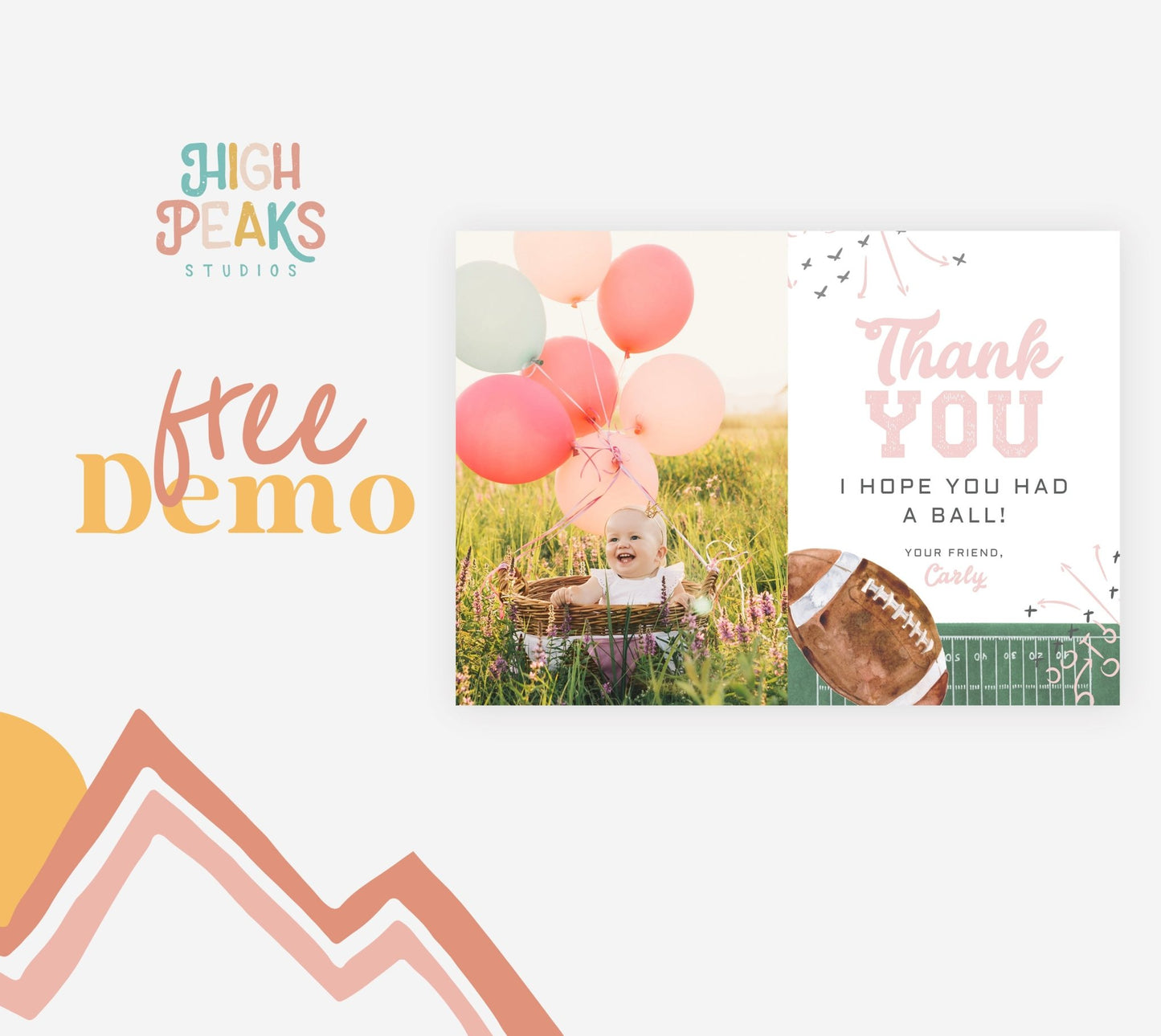 Photo Thank You Card Printable - Football Theme - Pink - High Peaks Studios