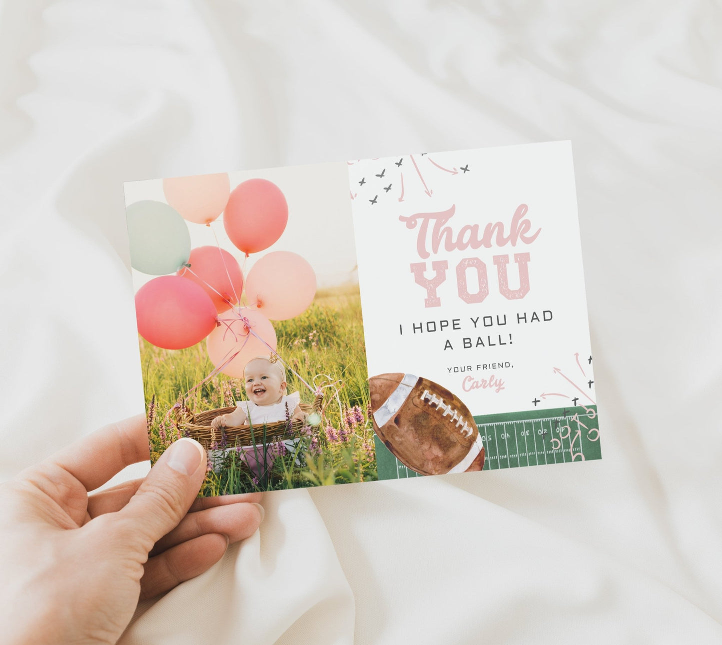 Photo Thank You Card Printable - Football Theme - Pink - High Peaks Studios