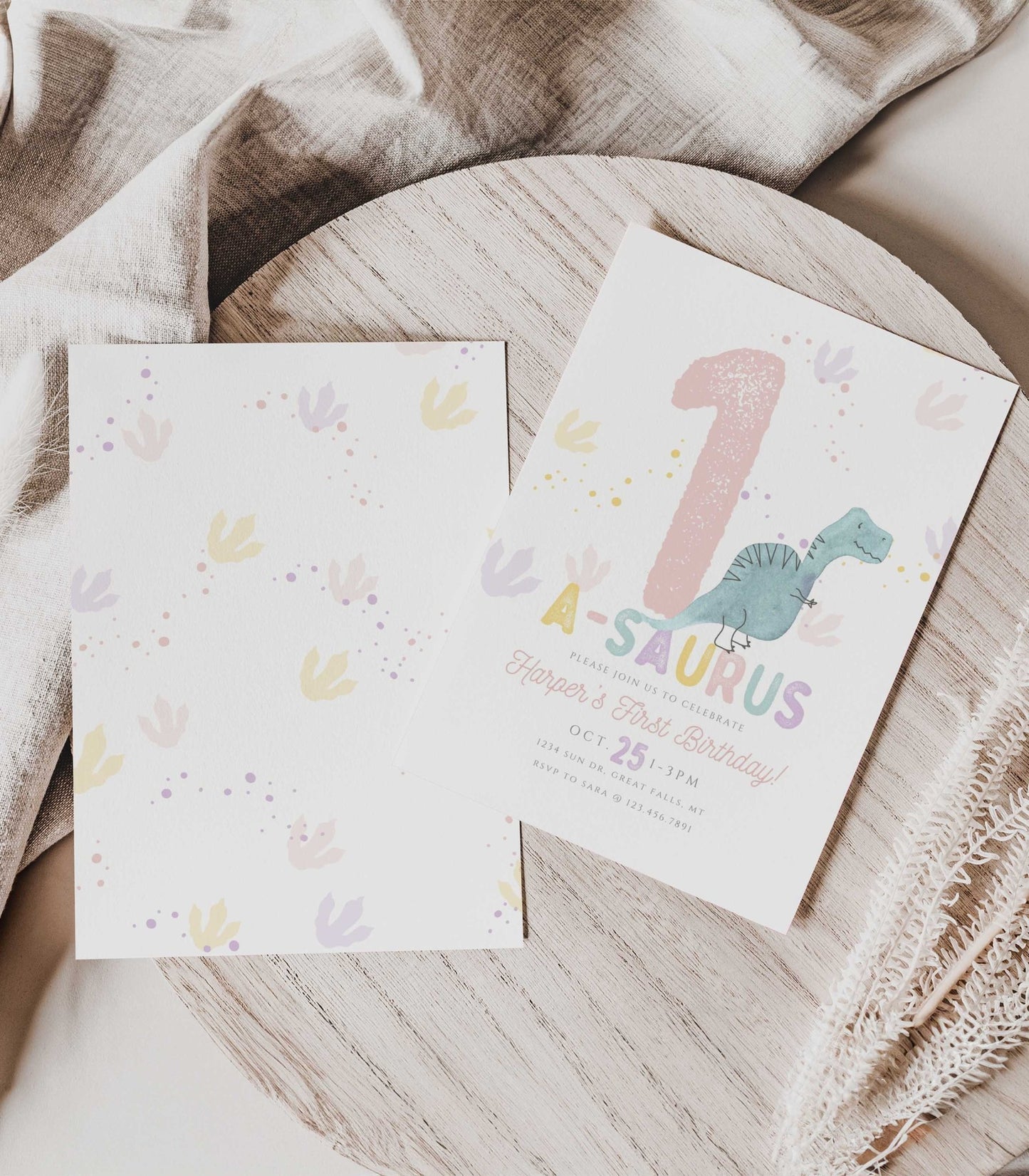 Pink and Purple One-a-saurus Dinosaur Birthday Invitation Girl - High Peaks Studios