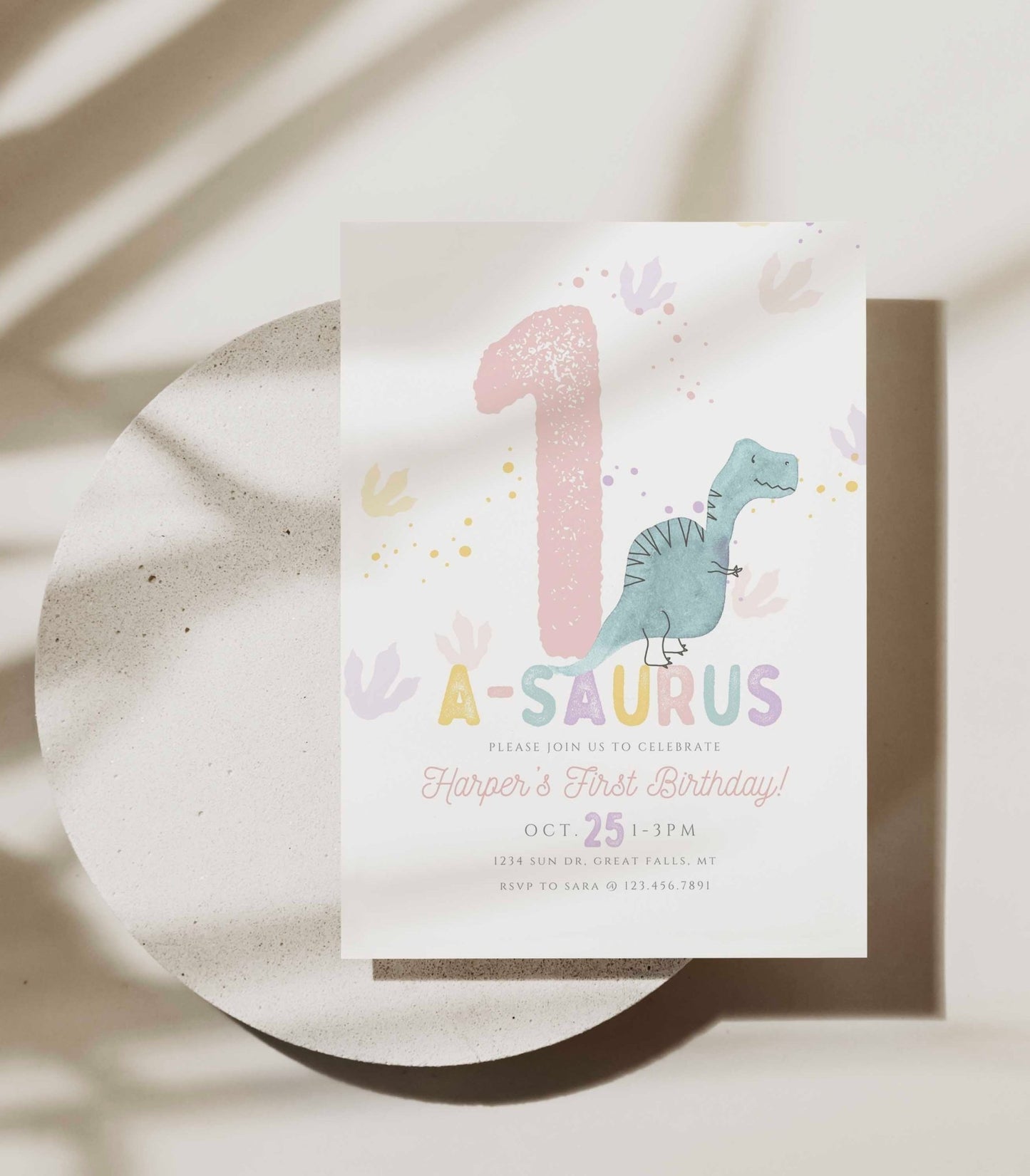 Pink and Purple One-a-saurus Dinosaur Birthday Invitation Girl - High Peaks Studios