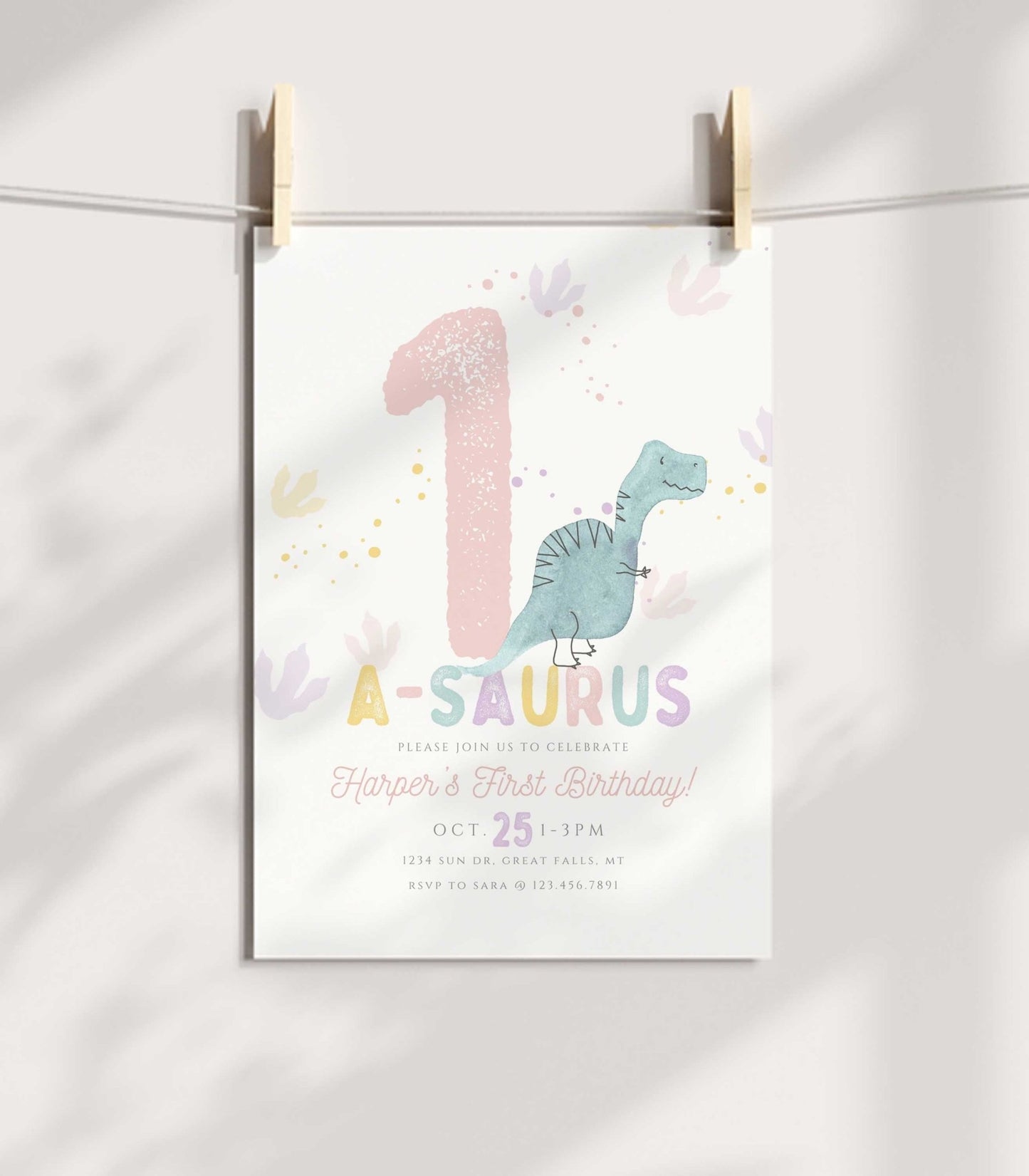 Pink and Purple One-a-saurus Dinosaur Birthday Invitation Girl - High Peaks Studios