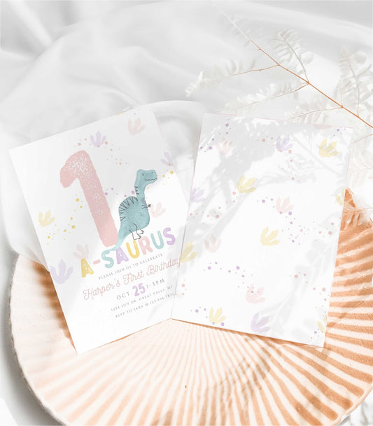 Pink and Purple One-a-saurus Dinosaur Birthday Invitation Girl - High Peaks Studios