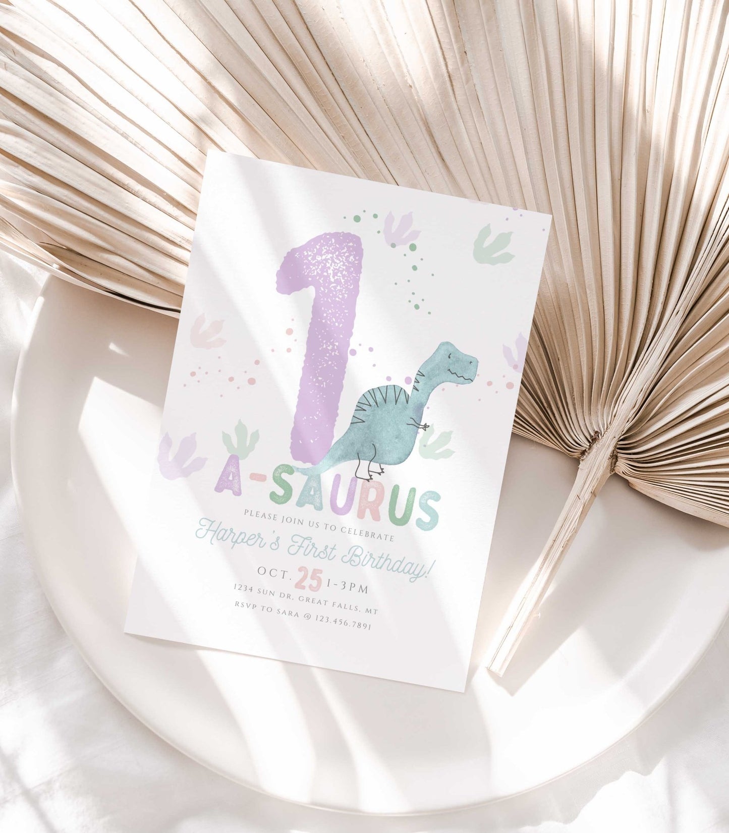 Purple and teal One-a-saurus Dinosaur Birthday Invitation Girl - High Peaks Studios