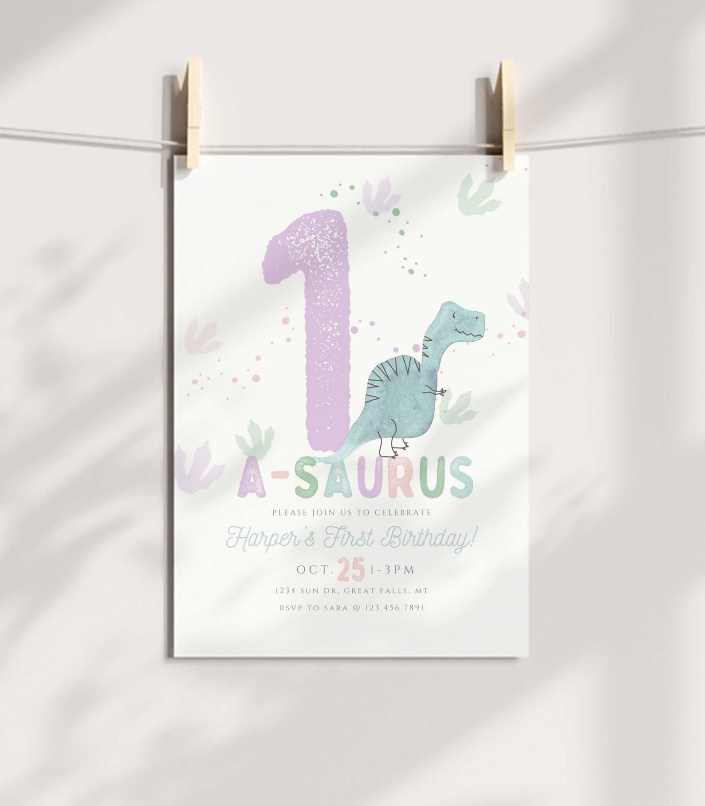 Purple and teal One-a-saurus Dinosaur Birthday Invitation Girl - High Peaks Studios